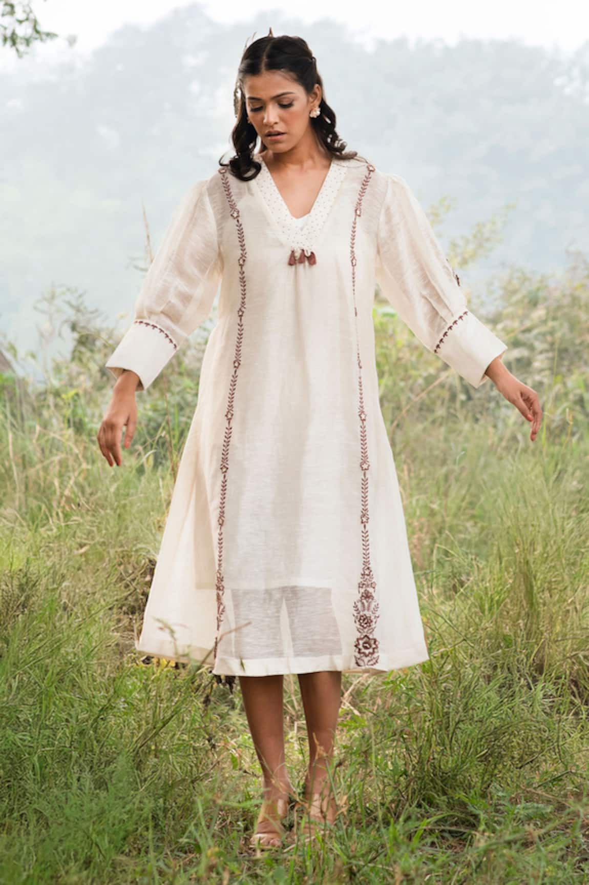 Kushani Embroidered Ivory Midi Dress 