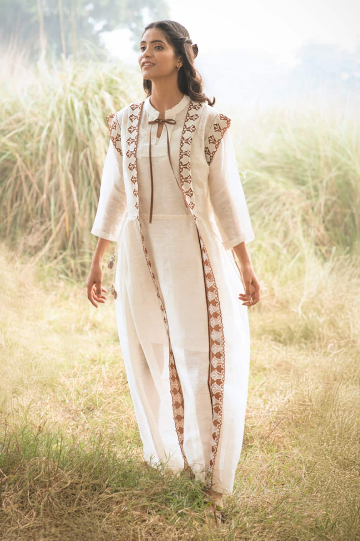 Kushani Ivory Embroidered Linen Silk Dress 