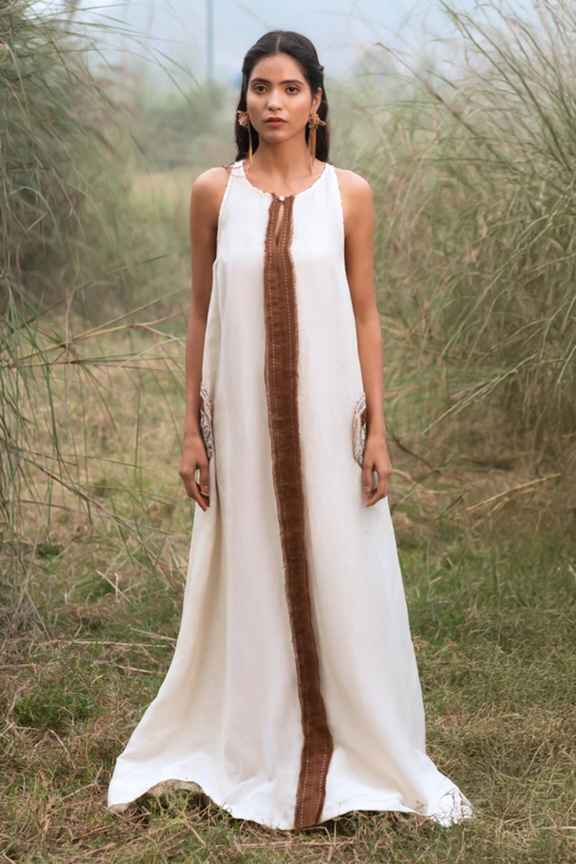 Kushani High-Neck Ivory Applique Maxi Dress 