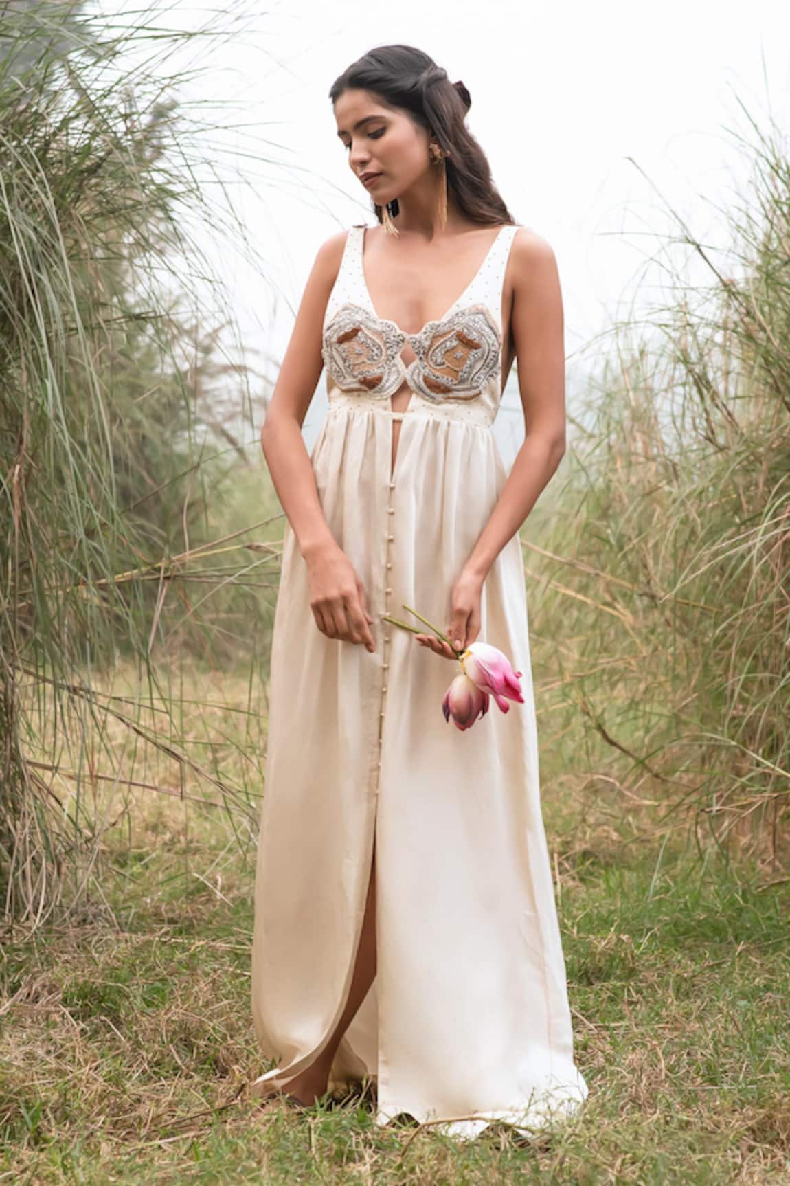 Kushani Beige Aplique Hand Embroidered Maxi Dress 