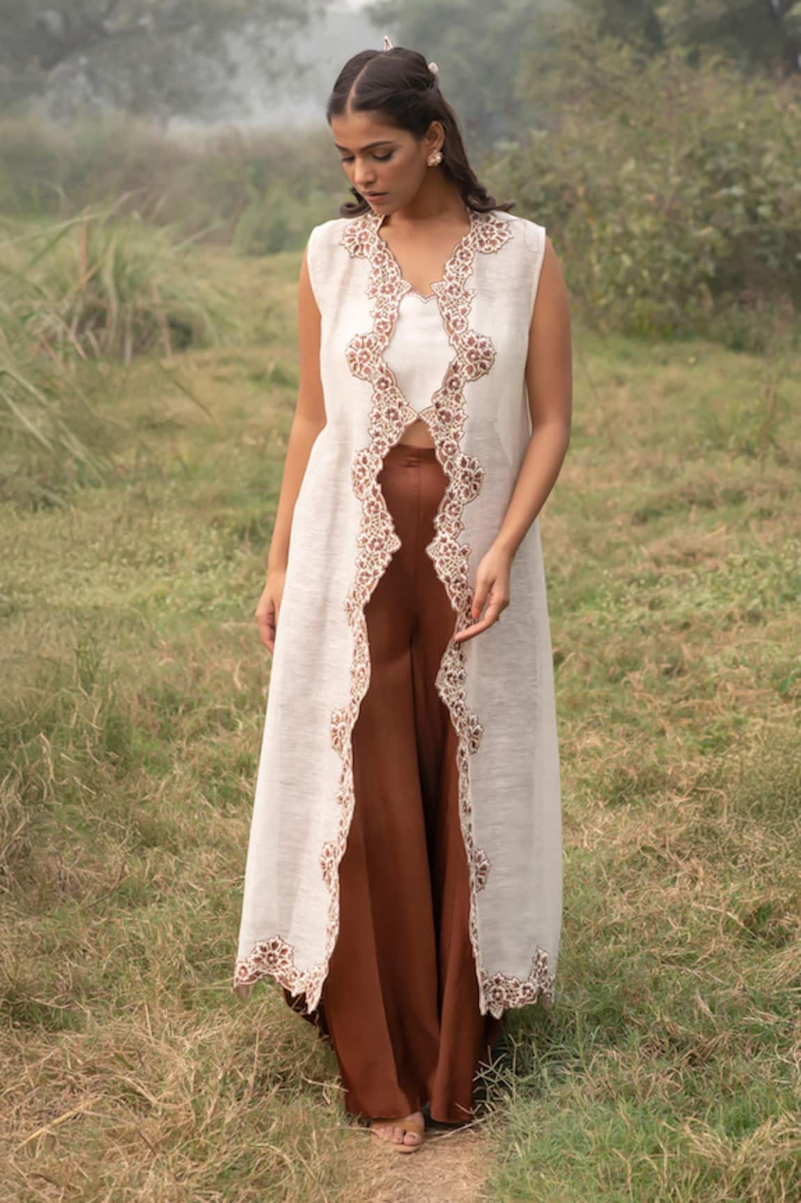 Kushani Ivory Cape & Mocha Brown Trouser Set 