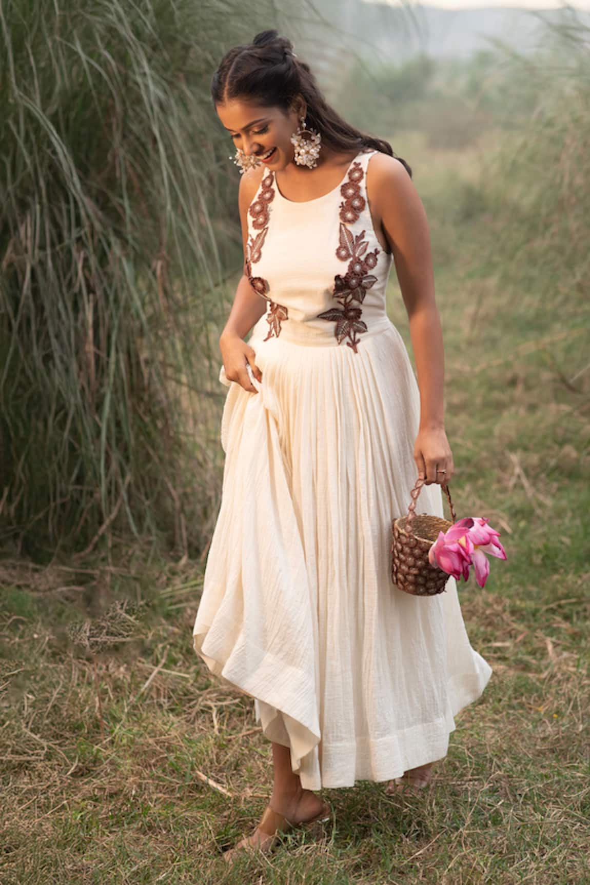 Kushani Ivory Floral Embroidered Dress 