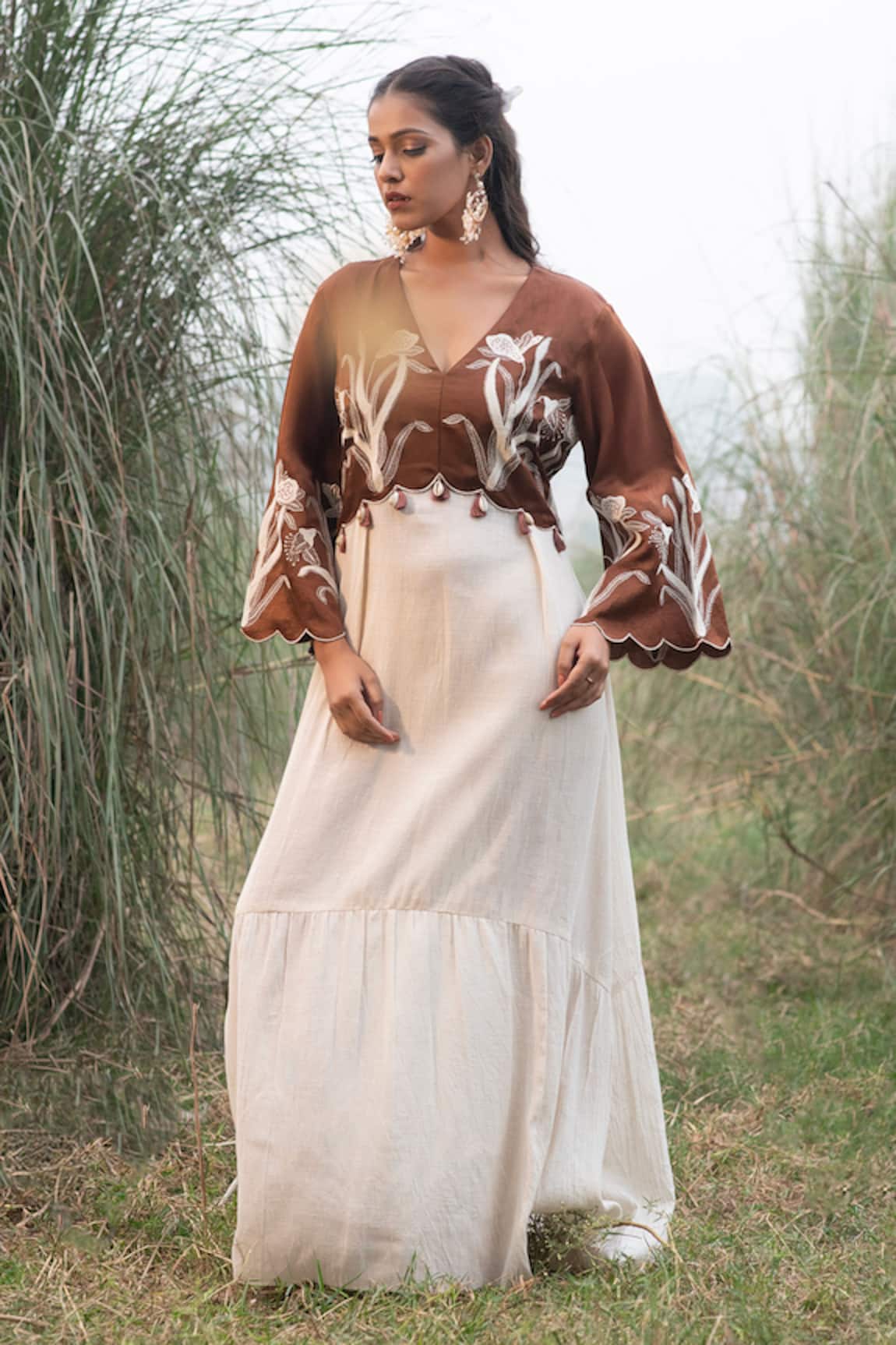 Kushani Ivory Tiered Hem Dress With Brown Bodice 