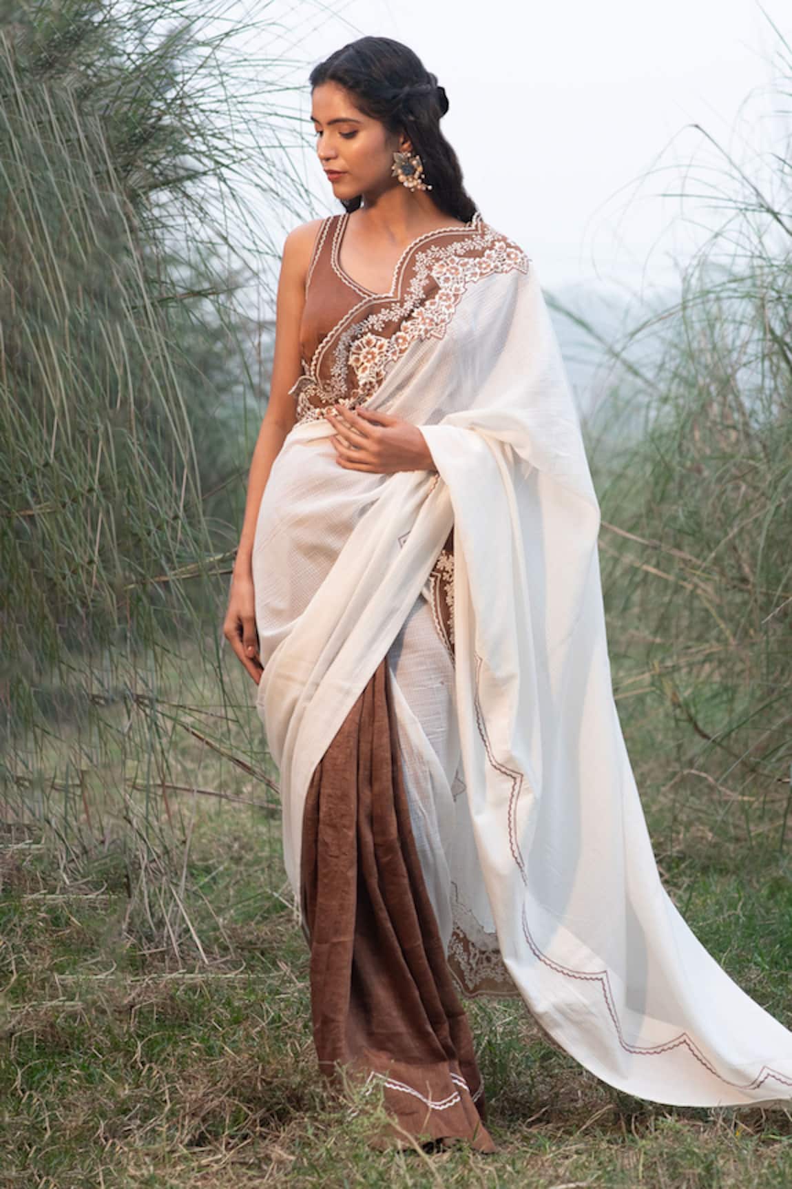 Kushani Ivory Mocha Brown Floral Embroidered Saree With Blouse 