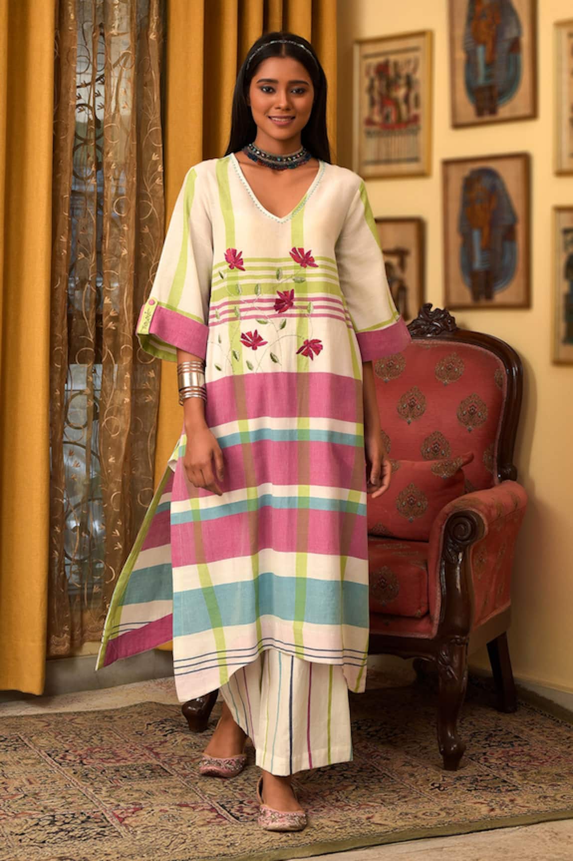 Nuhh Multicolor Handwoven Cotton Kurta & Pant Set 