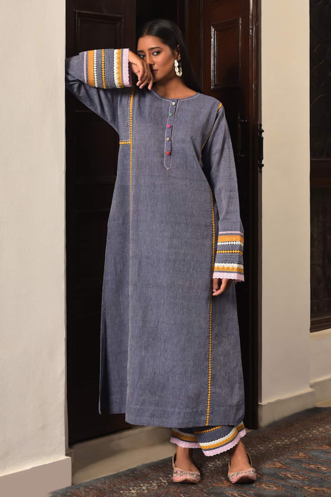 Nuhh Indigo Blue Handwoven Cotton Kurta Set 
