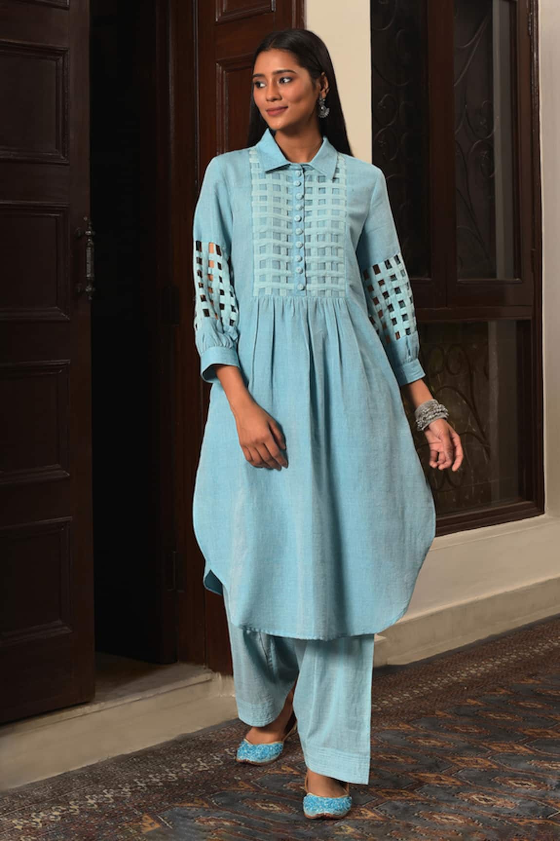 Nuhh Sky Blue Handwoven Kurta & Salwar Set 
