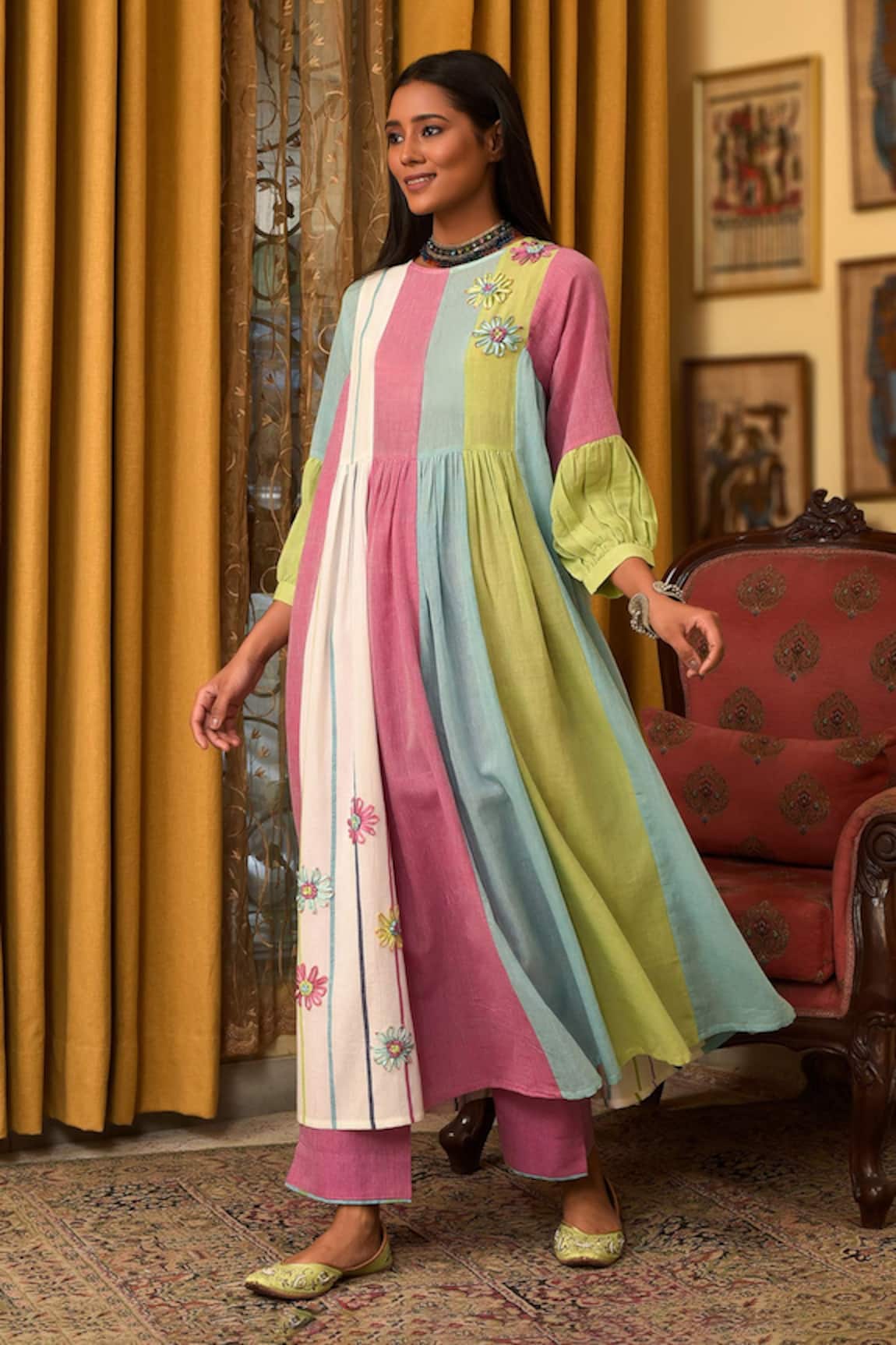 Nuhh Multi Color Handwoven Cotton Kurta Set 