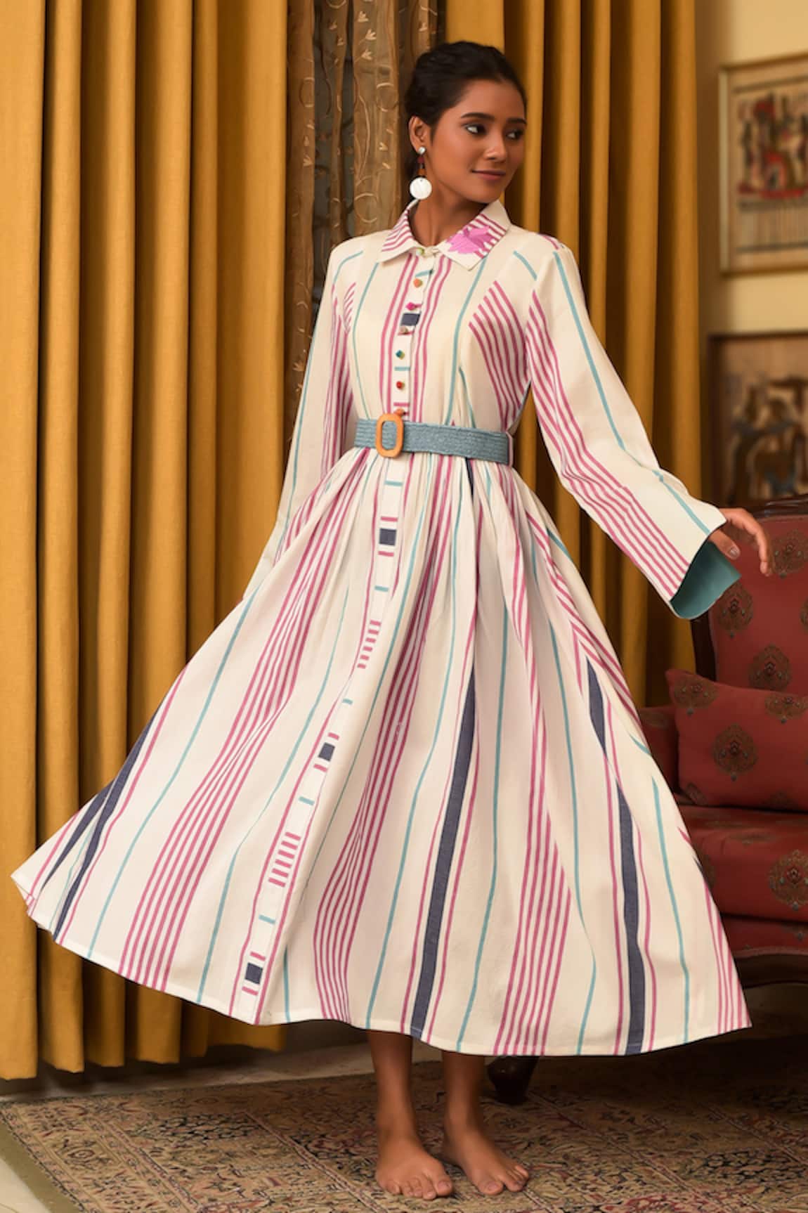 Nuhh Ivory Striped Handloom Cotton Dress 