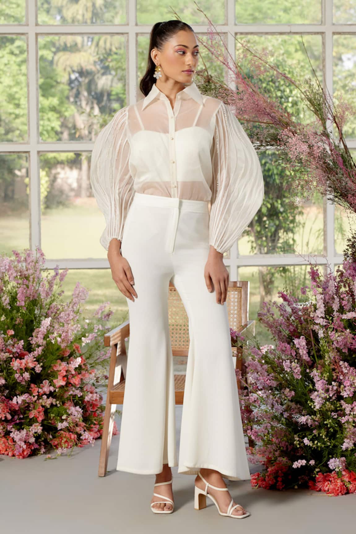 Parul And Preyanka Ivory Cording Detail Shirt & Pant Set 