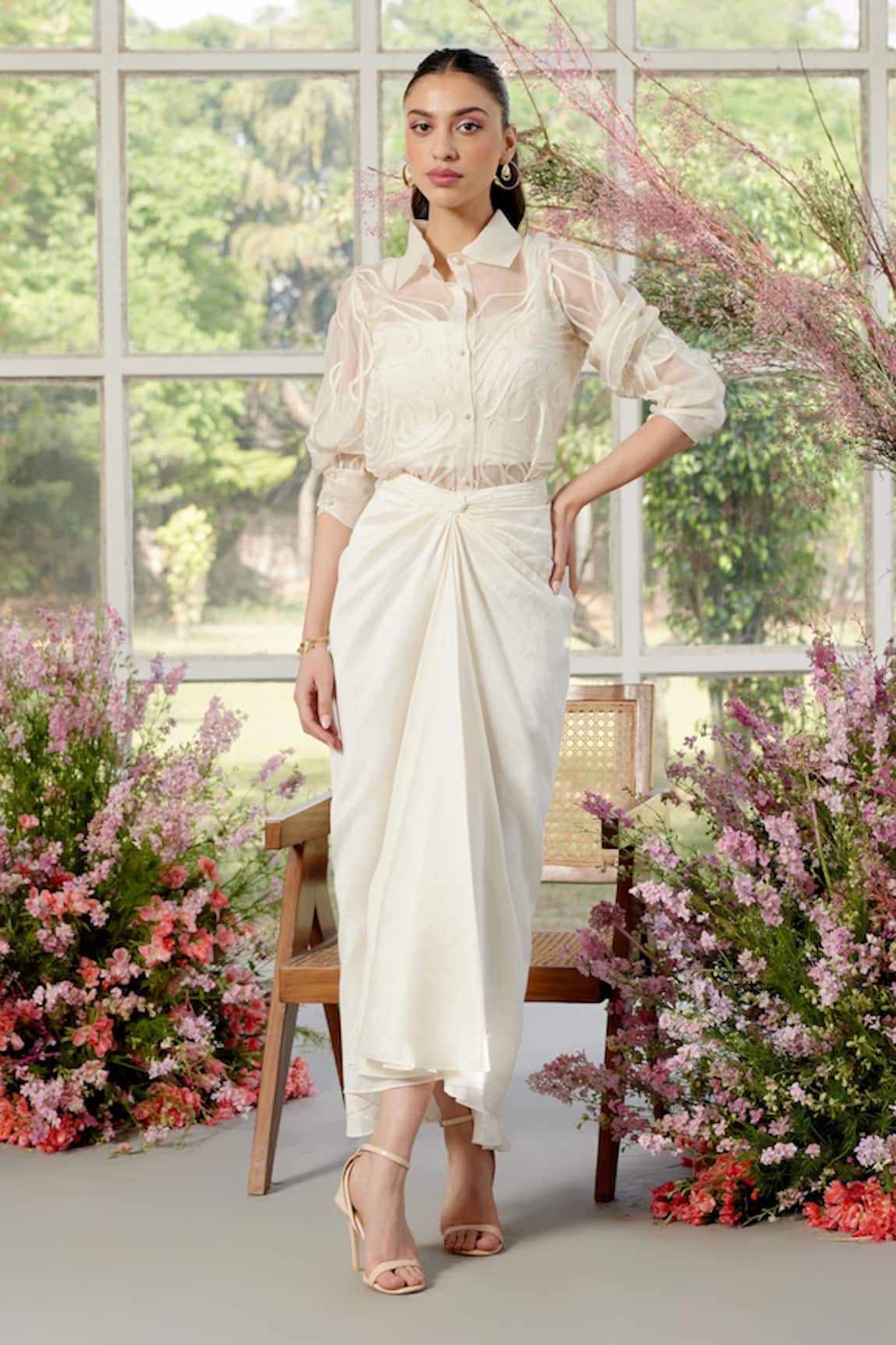 Parul And Preyanka Ivory Applique Silk Shirt & Skirt Set 