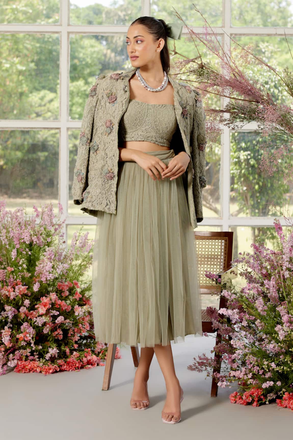 Parul And Preyanka 3D Organza Rose Blazer & Skirt Set 