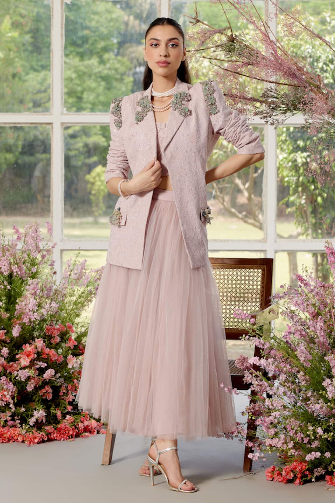Parul And Preyanka Designer Lace Blazer & Tulle Skirt Set 