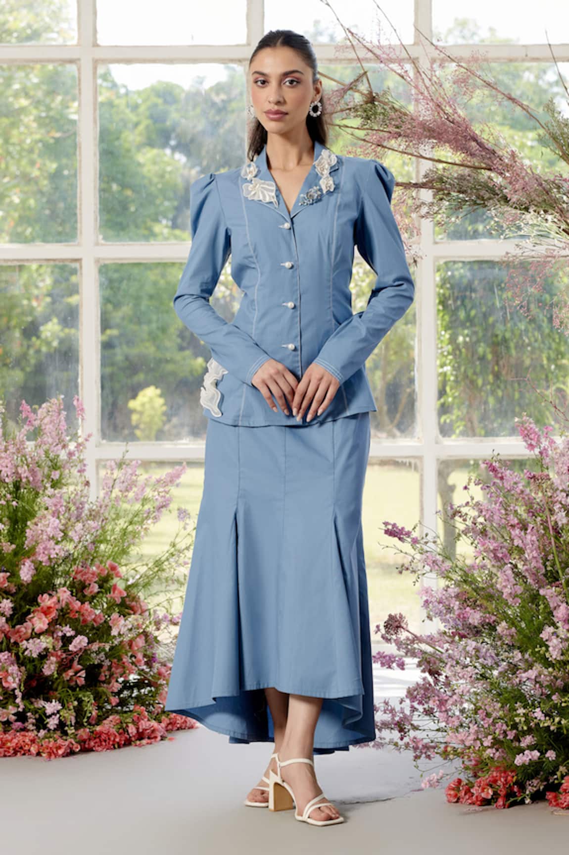 Parul And Preyanka Big Organza Floral Shirt & Skirt Set 
