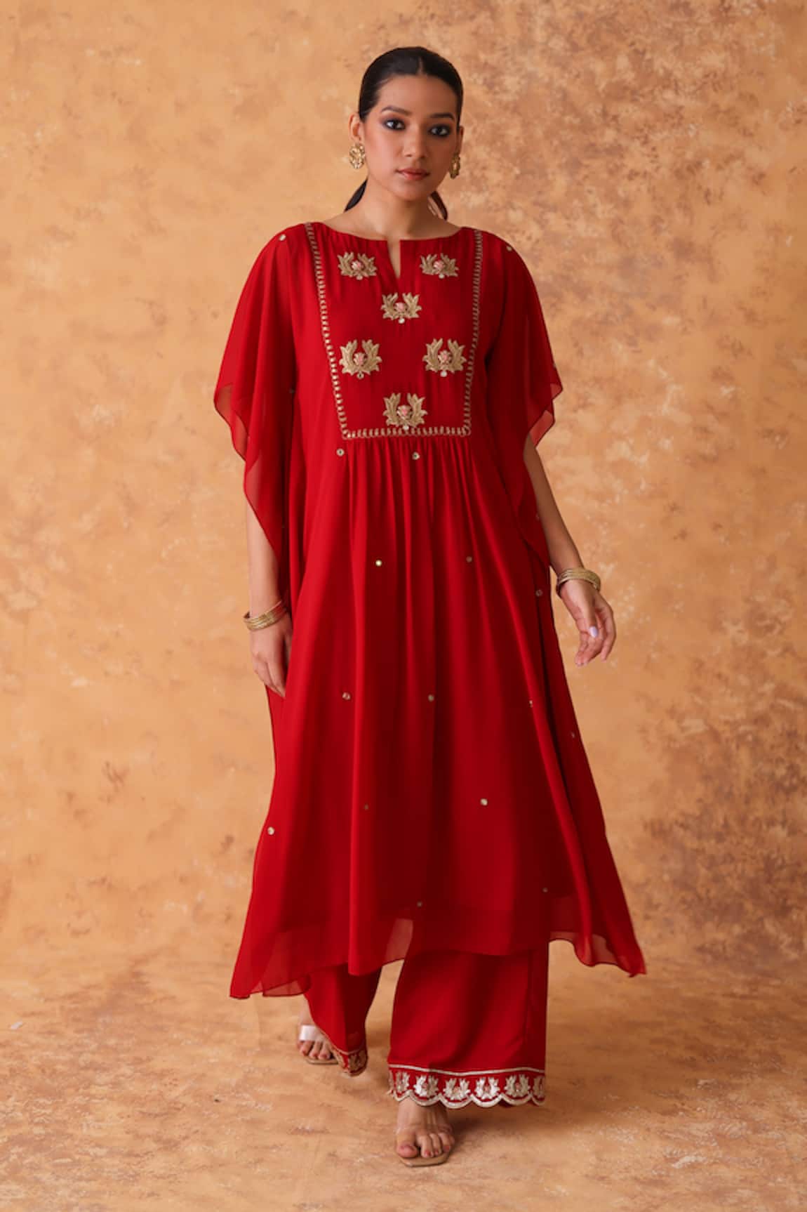 Pouli Pret Red Zardozi Kaftan & Pant Set 