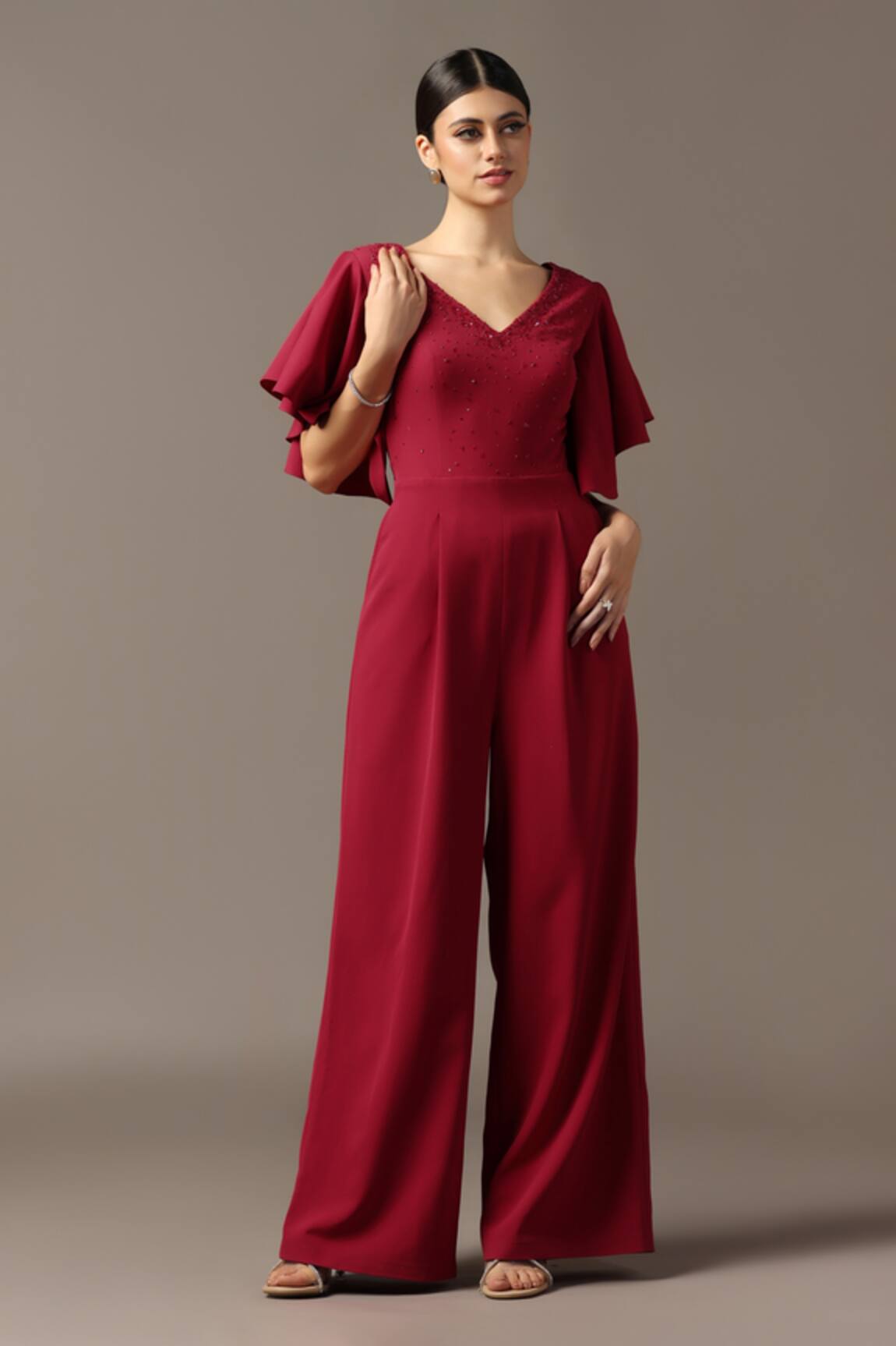 Pooja Peshoria Red Designer Jumpsuit With Ruffle Sleeves 