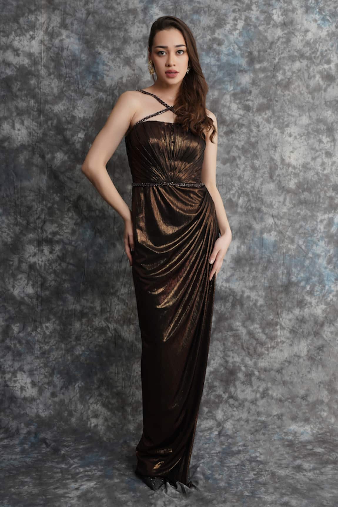 Pooja Peshoria Metallic Knit Brown Maroon Dress 