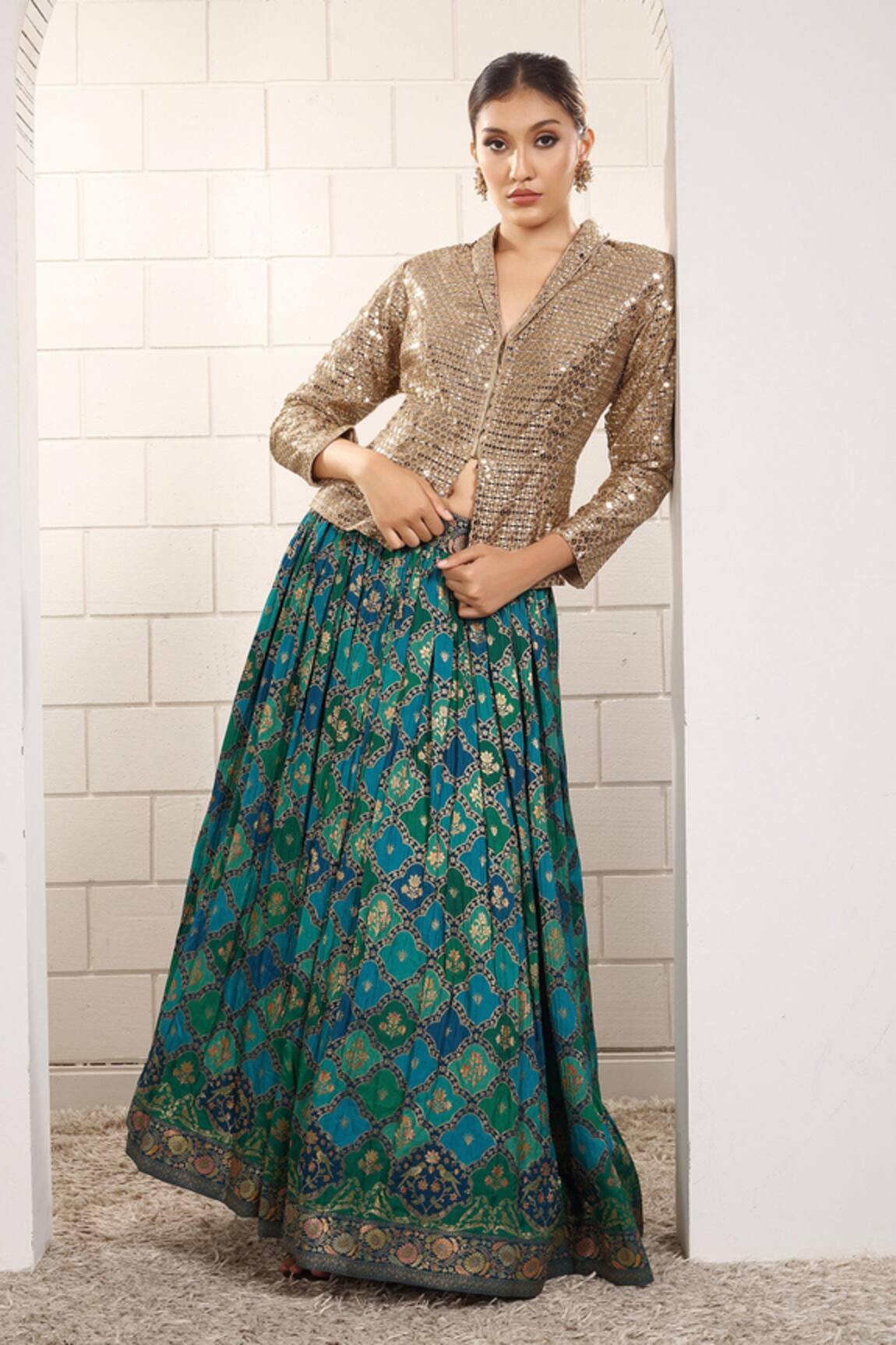 Anita Kanwal Sequin Blazer & Printed Skirt Set 