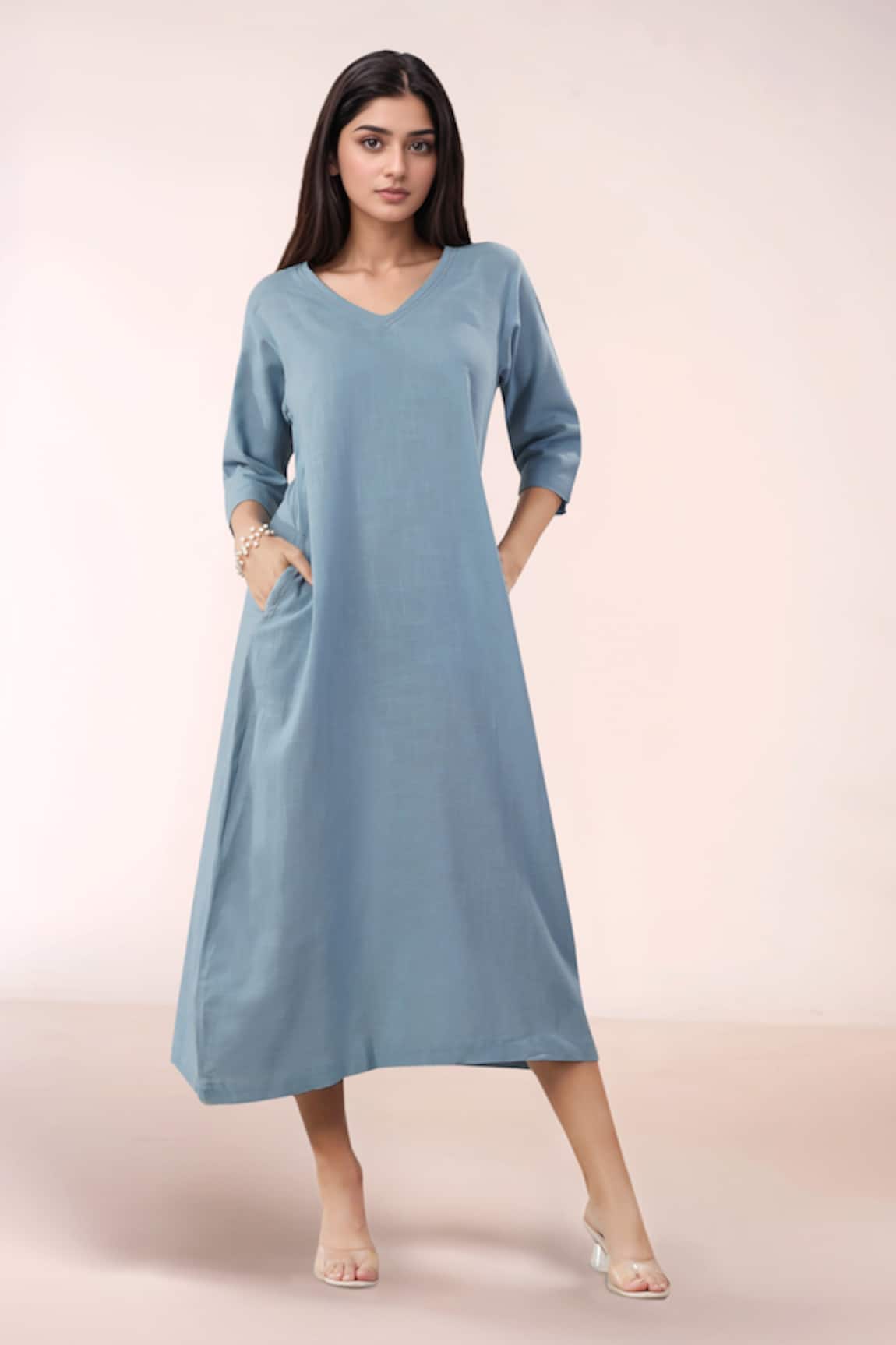 Naintara Bajaj V-Neck Blue Cotton Dress 