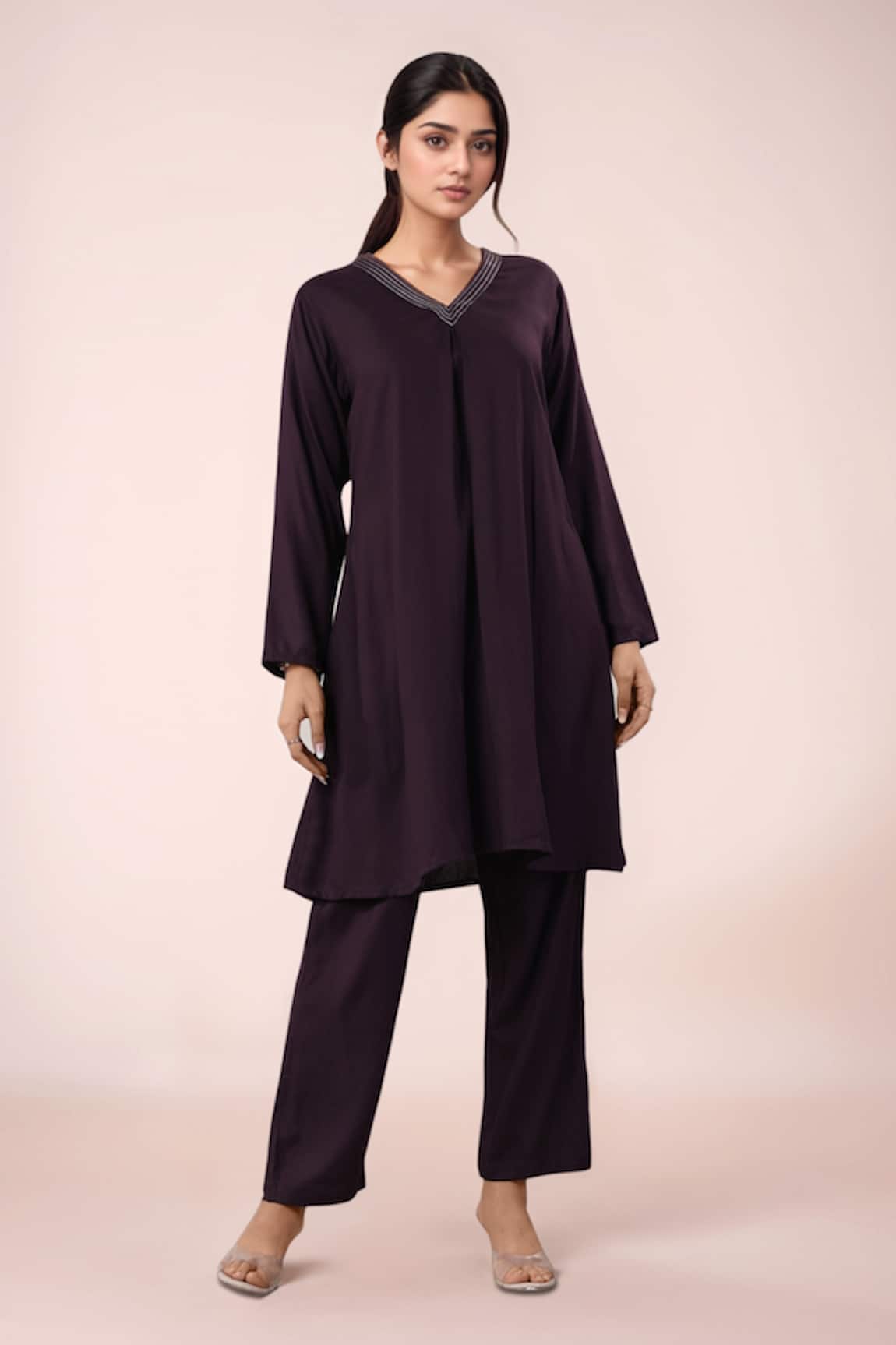 Samyukta Singhania Wine Rayon Cotton Kurta Pant Set 
