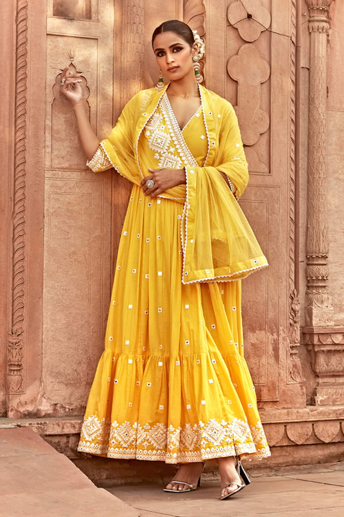 Preevin Embroidered Ruffle Hem Angrakha Anarkali With Dupatta 