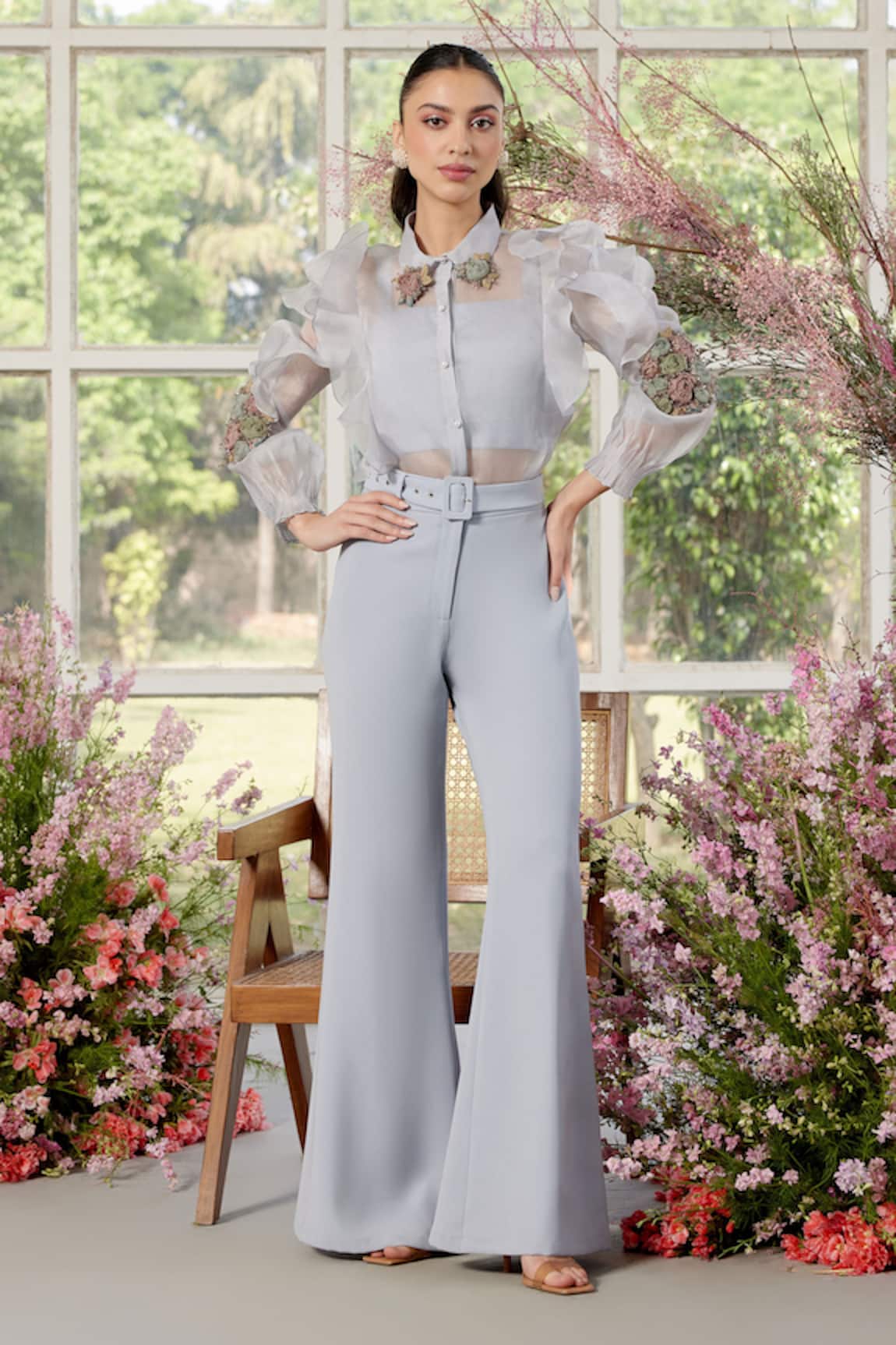 Parul And Preyanka Ice Blue Designer Shirt & Pant Set 