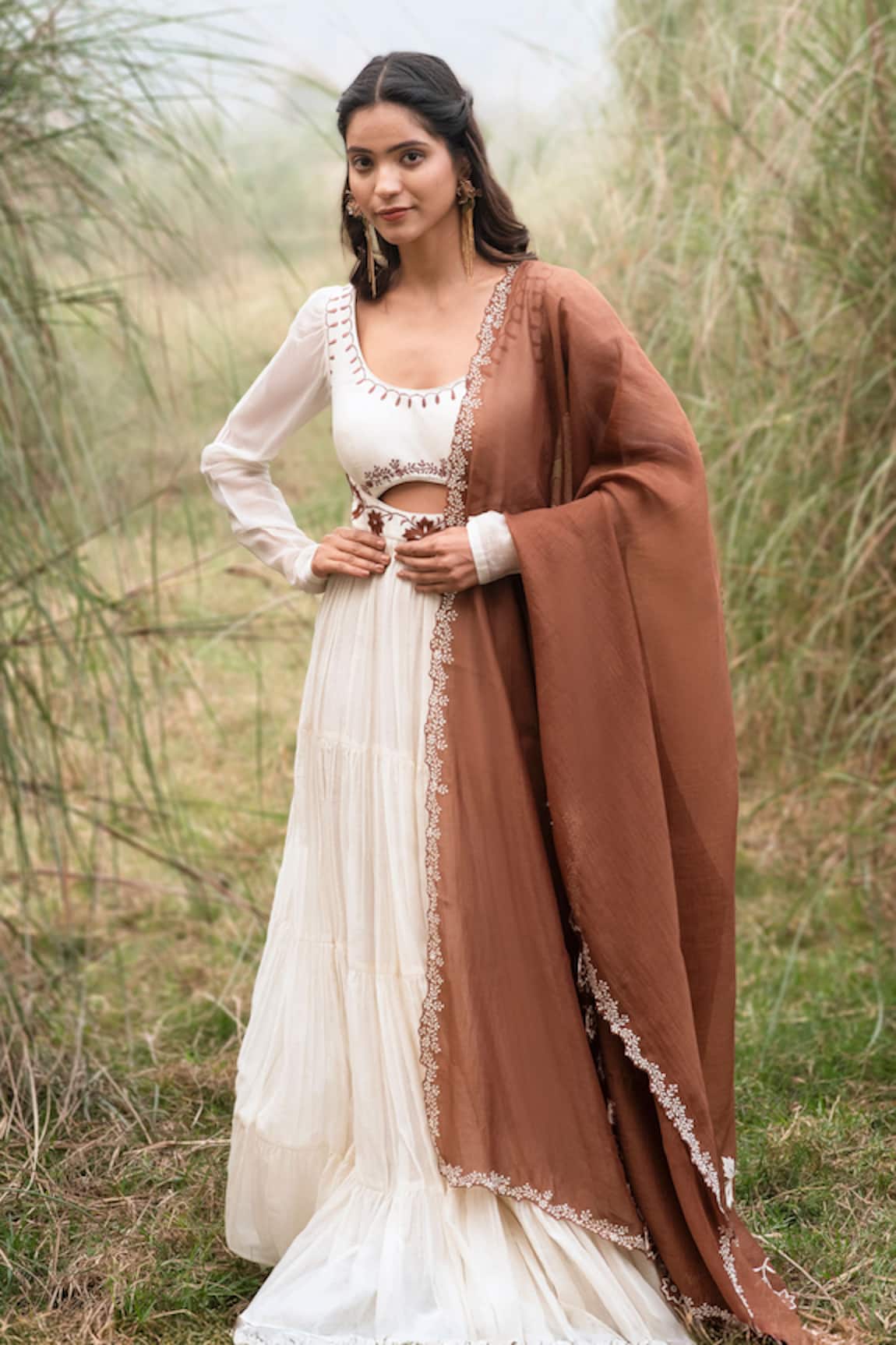 Kushani Ivory Tiered Anarkali With Brown Dupatta 