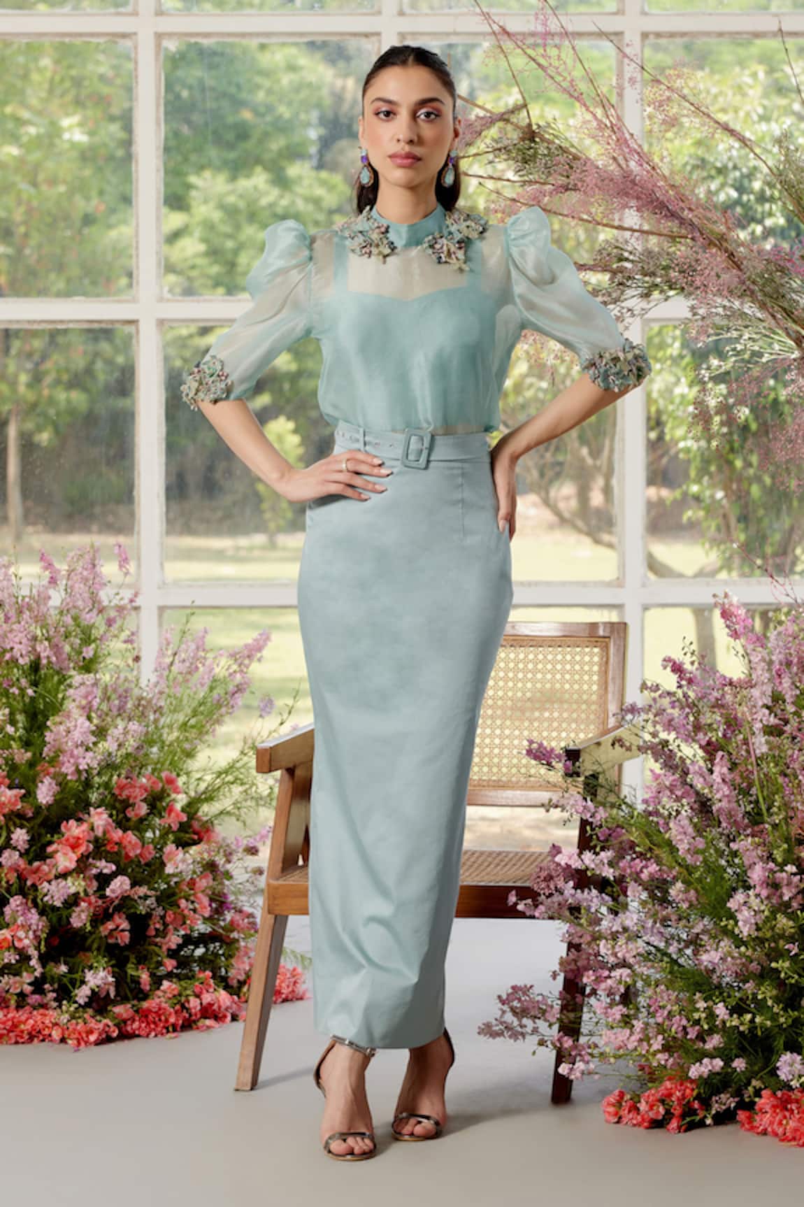 Parul And Preyanka Daphne Co-ord Blue 3D Floral Set 