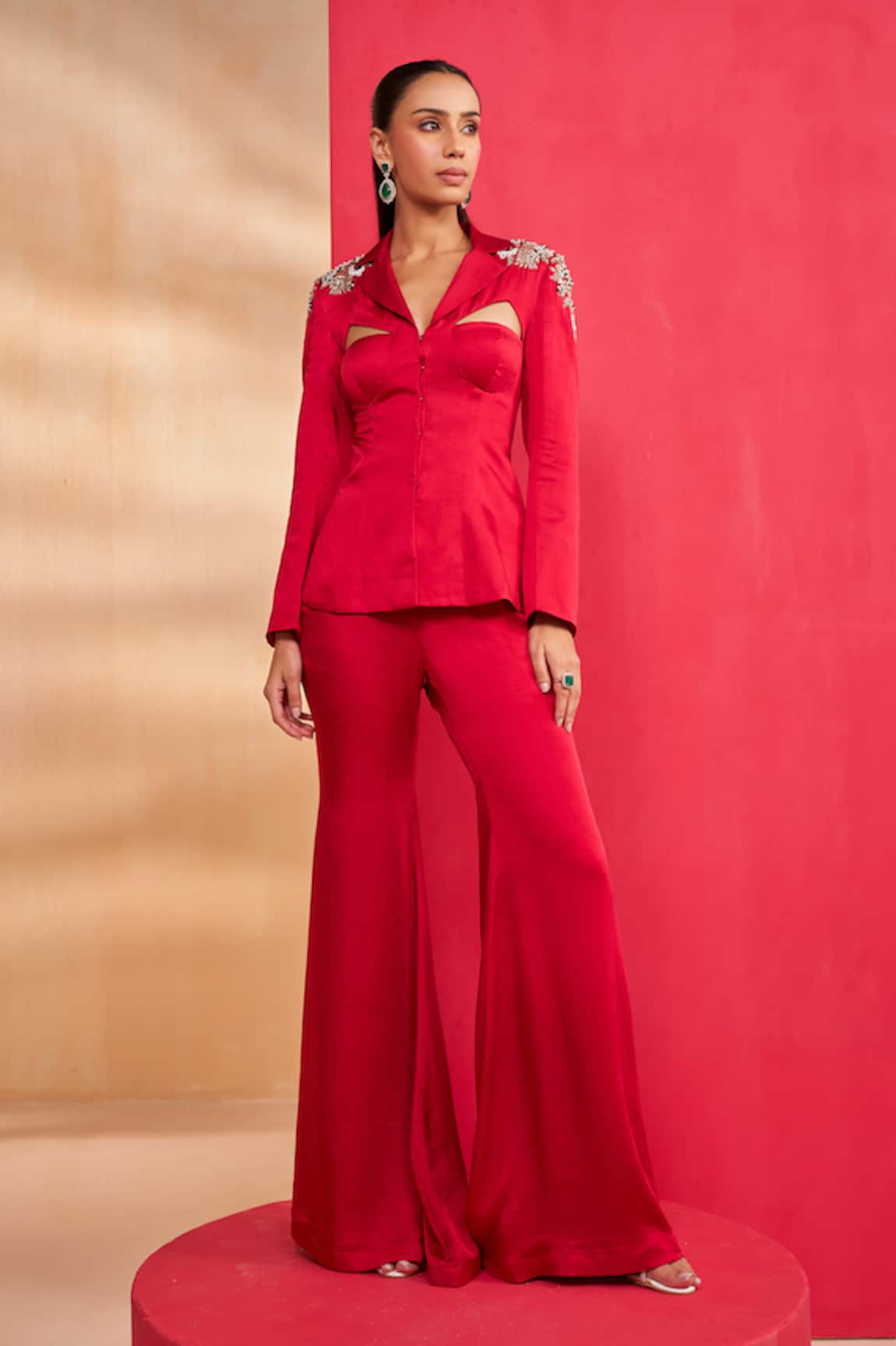 Aakansha Gupta Red Satin Liora Blazer Set 