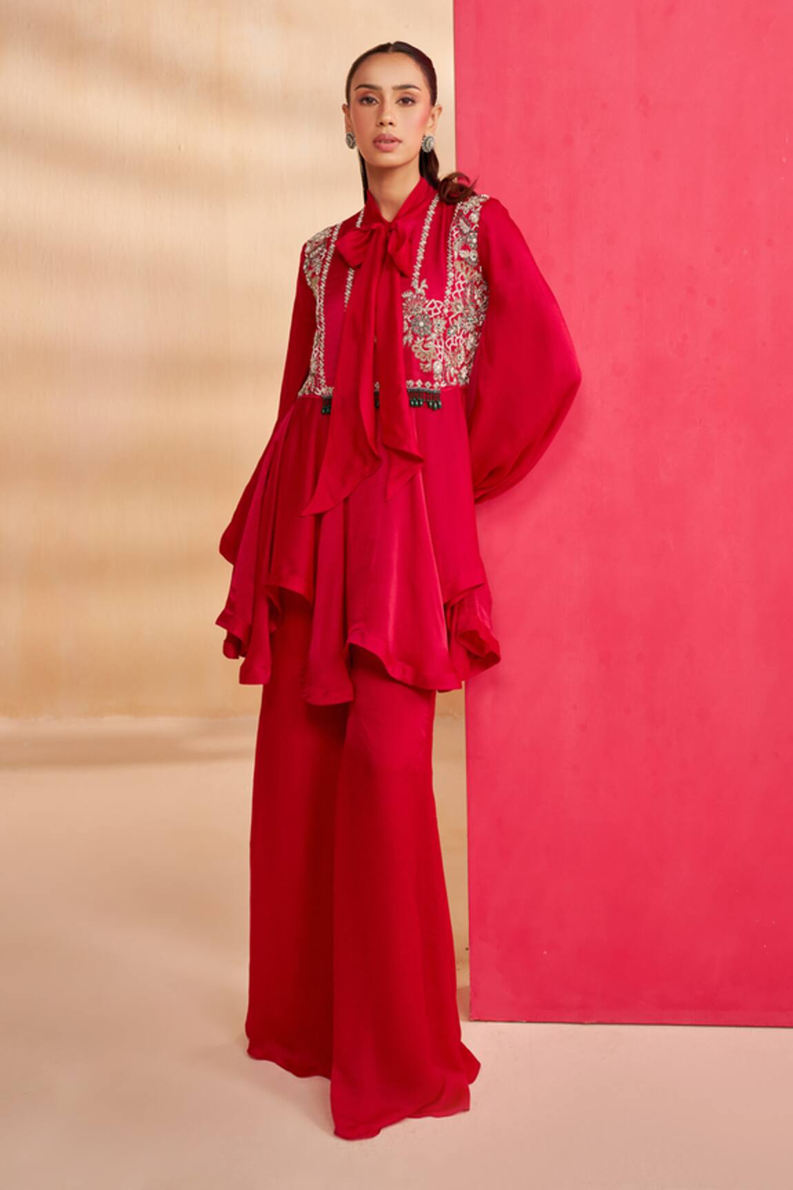 Aakansha Gupta Red Designer Peplum Top & Pant Set 