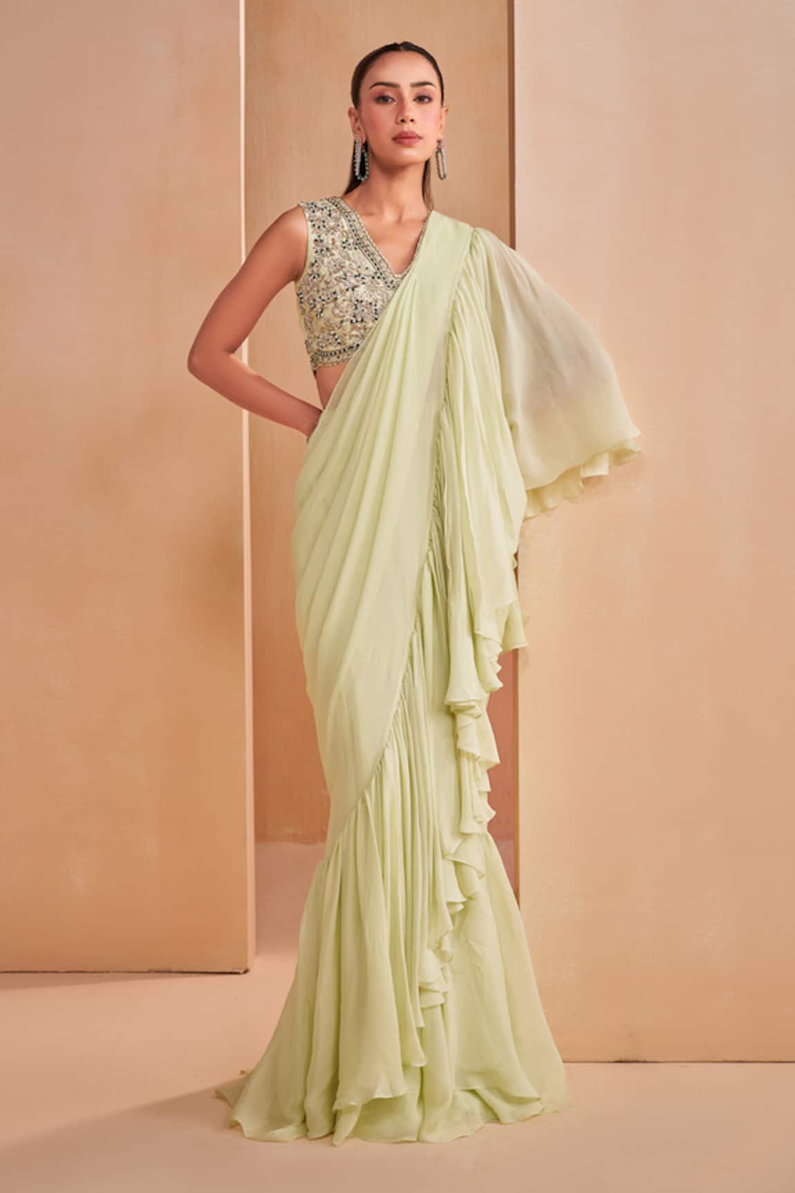 Aakansha Gupta Pista Green Designer Pre-Draped Saree & Blouse Set  