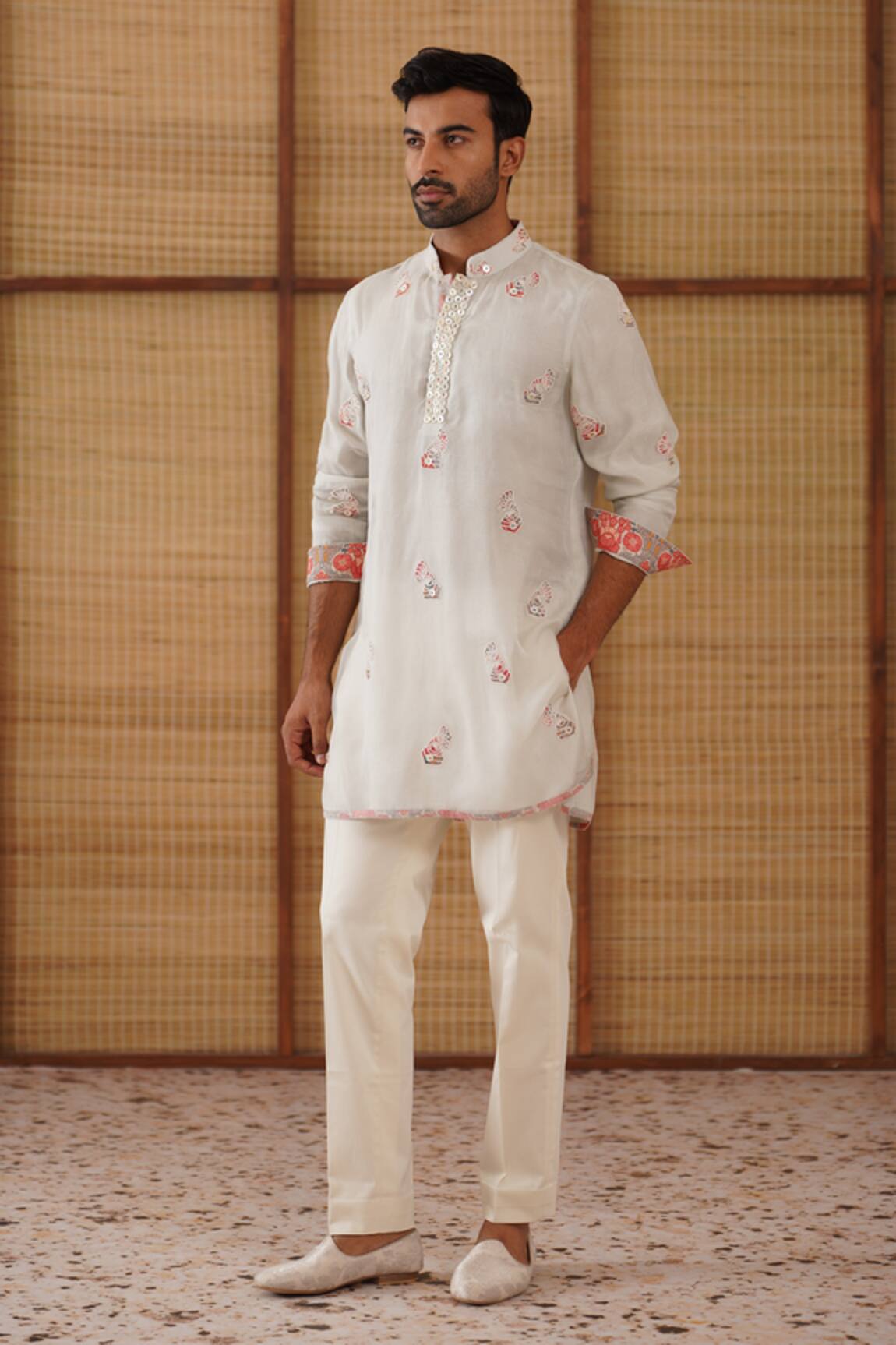 Arjan Dugal Light Grey Poppy Print Kurta Set 