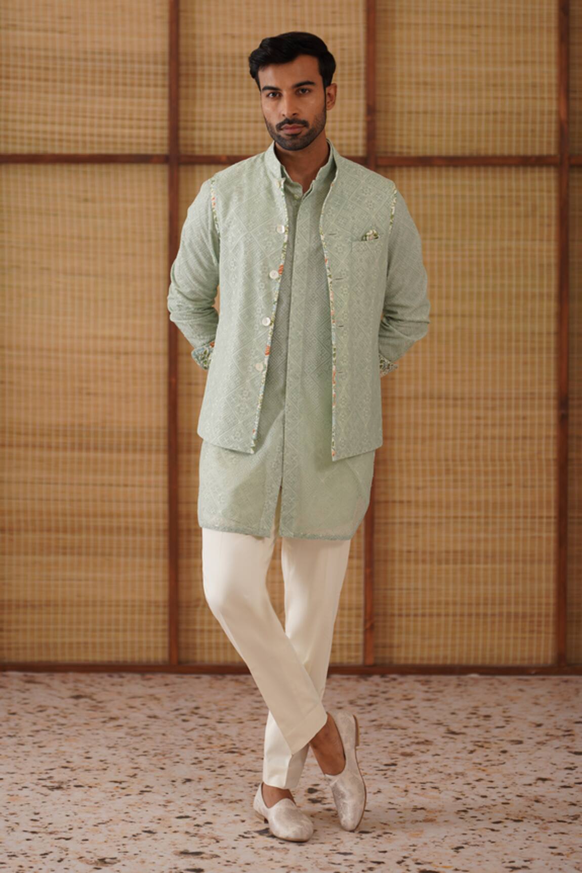 Arjan Dugal Sage Green Jaal Print Nehru Jacket Set 