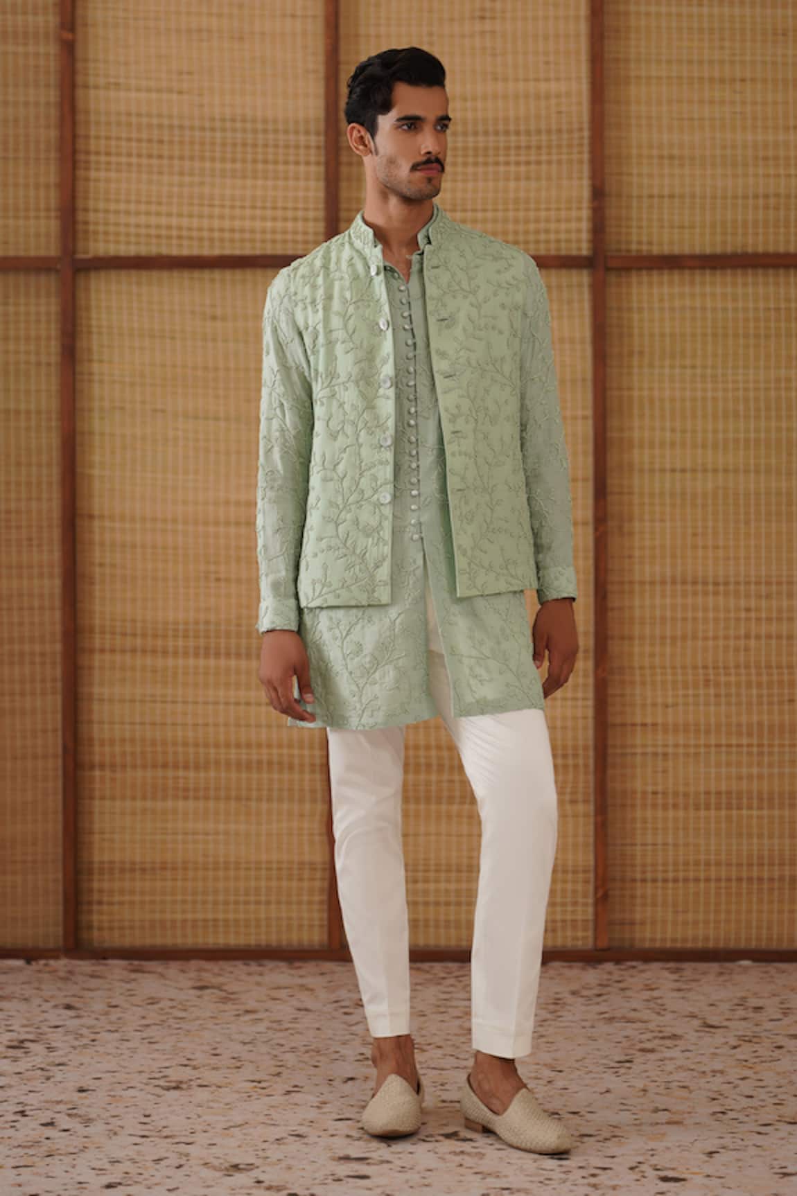 Arjan Dugal Beaded Sage Green Nehru Jacket Set 