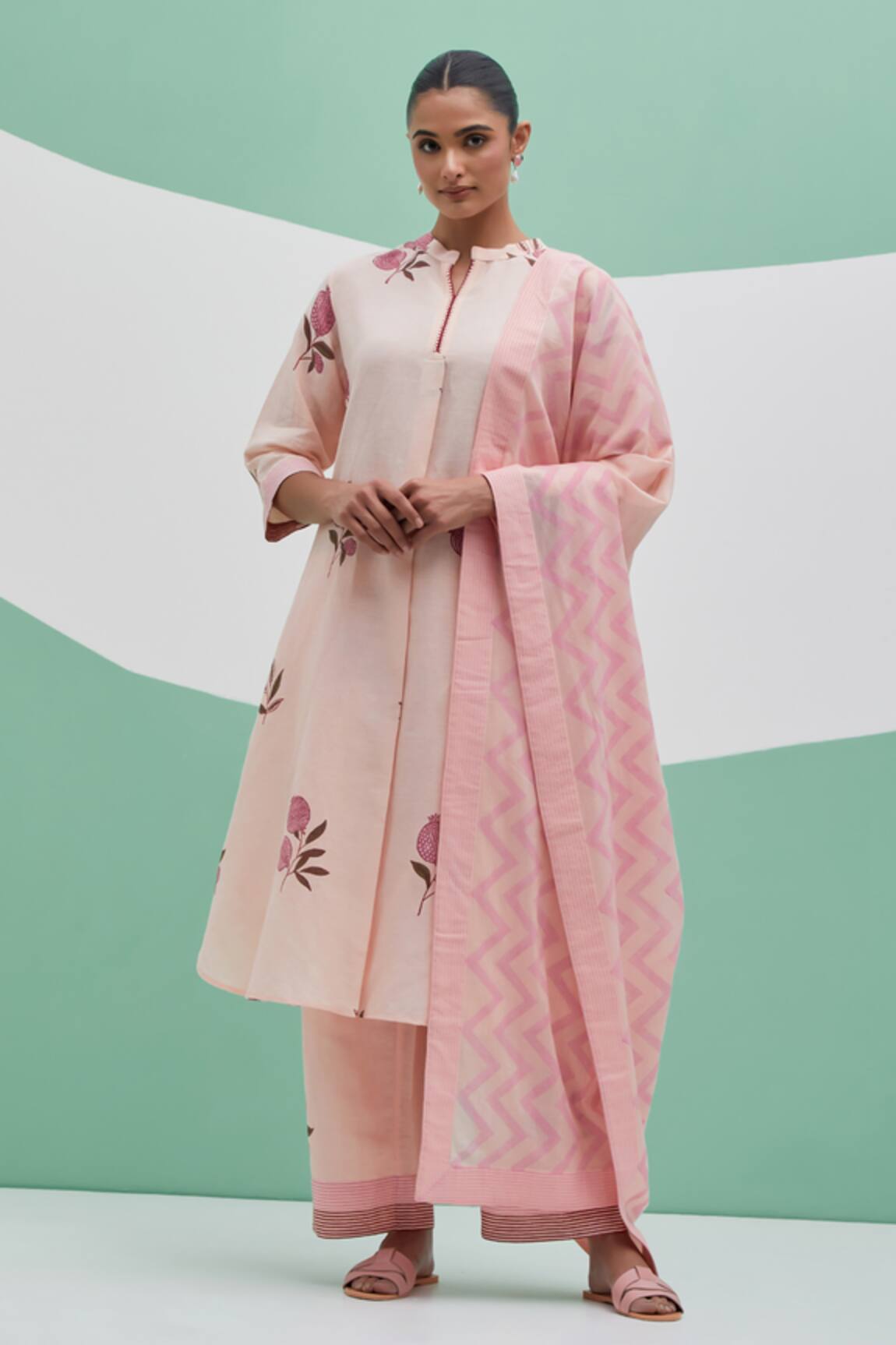 Priya Chaudhary Peach Block Print Kurta Set 