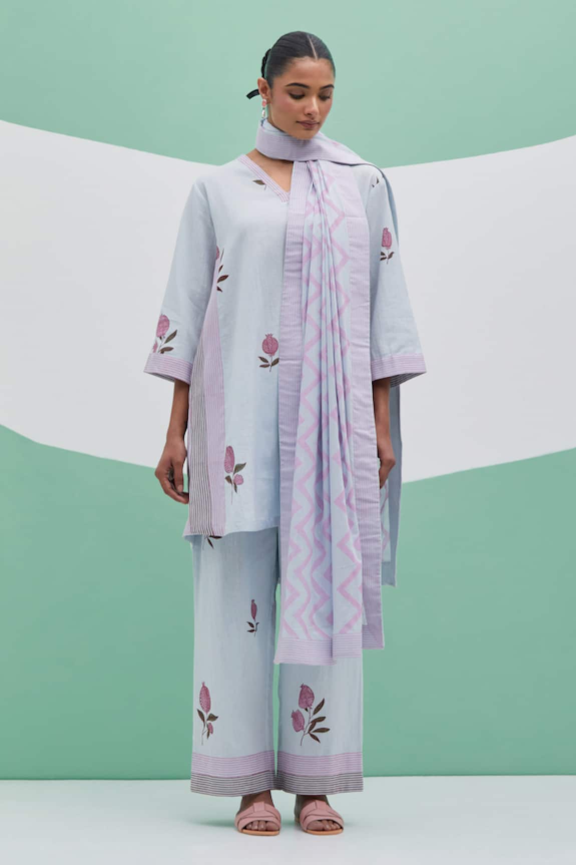 Priya Chaudhary Sky Blue Block Print Kurta Set 
