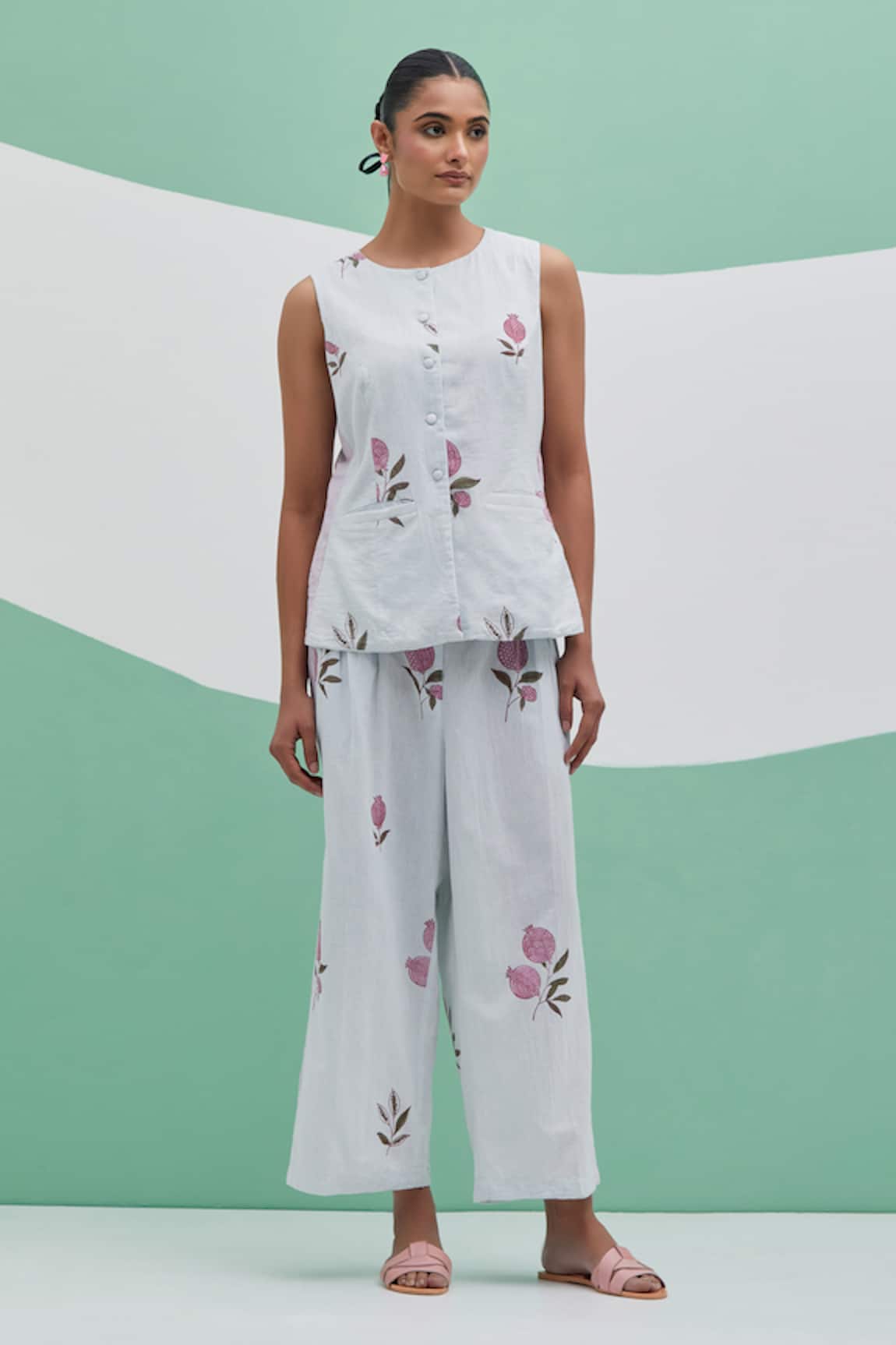 Priya Chaudhary Sky Blue Blockprint Linen Pant Set 