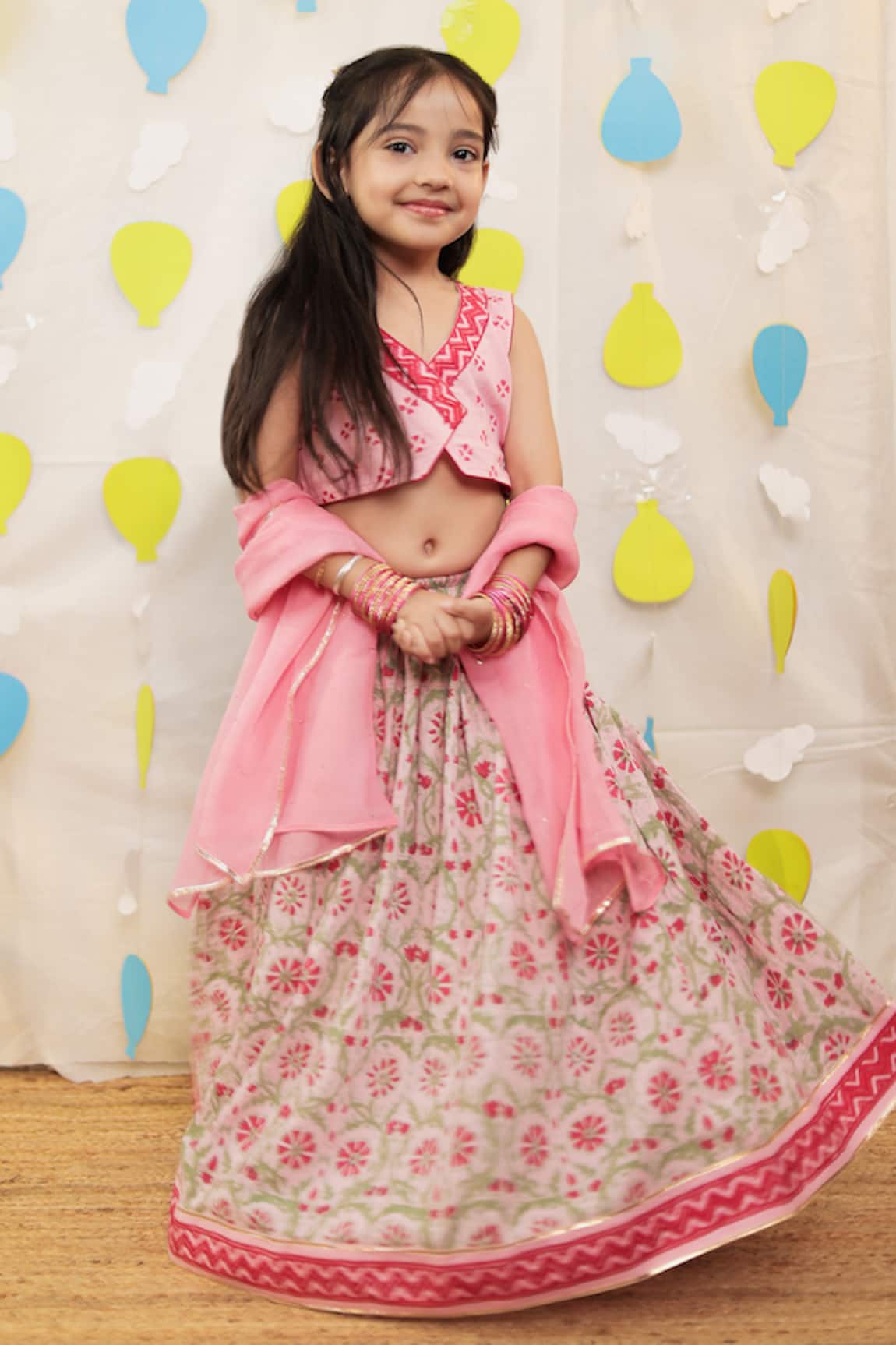 Tiny Colour Block Printed Pink Lehenga Set 