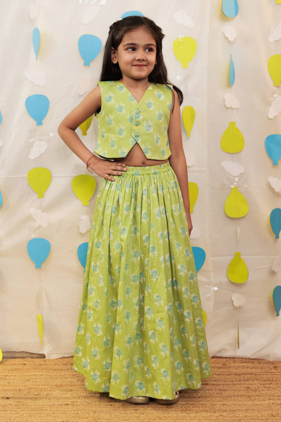 Tiny Colour Green Block Printed Jacket & Skirt Set 