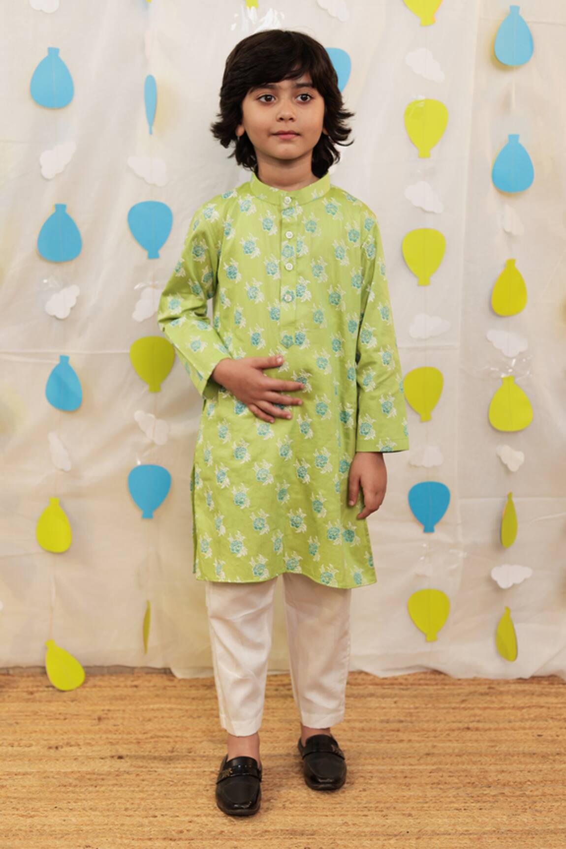 Tiny Colour Green Block Printed Kurta Set 