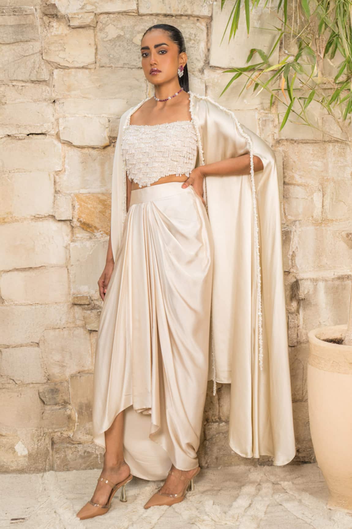 J By Jannat Embroidered Cape & Satin Draped Skirt Set 