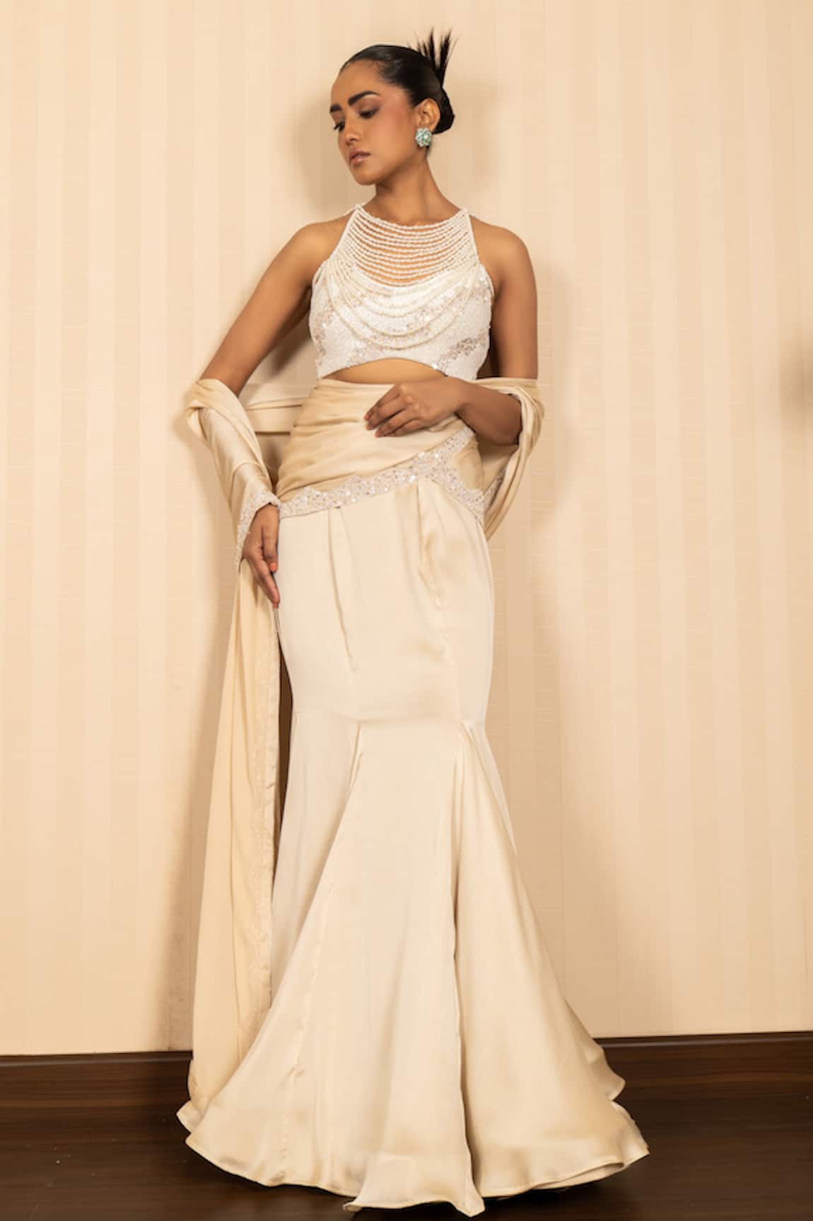 J By Jannat Embroidered Pre-Draped Satin Chiffon Saree With Blouse 