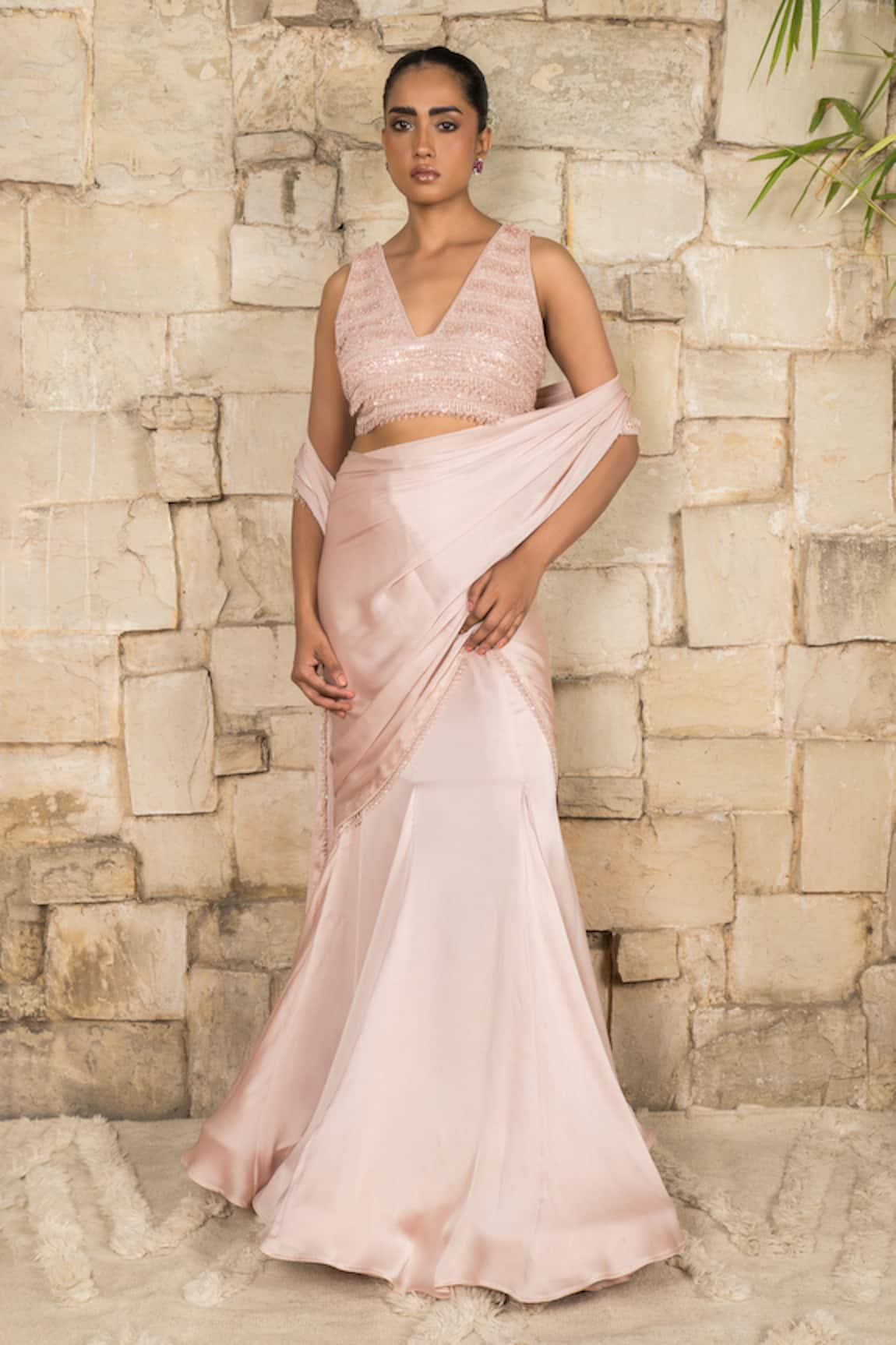 J By Jannat Blush Pink Embroidered Blouse & Pre-Draped Saree Set 
