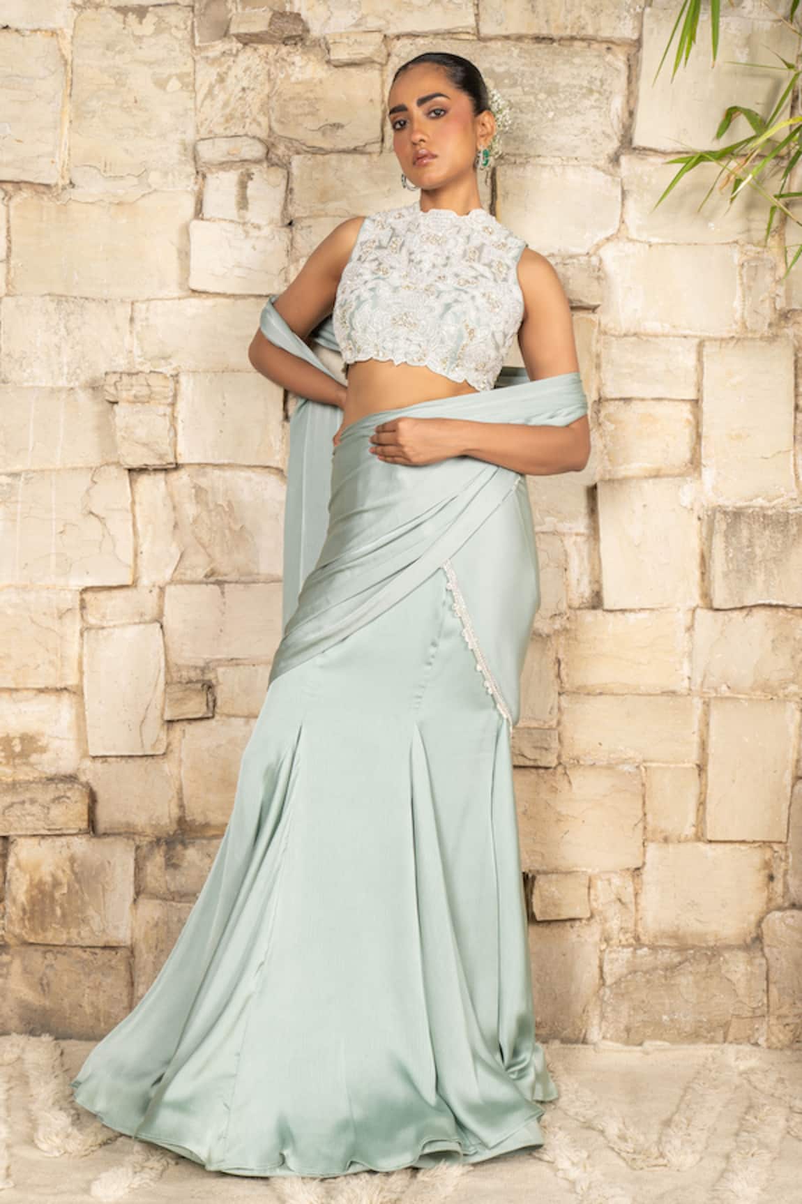 J By Jannat Grayish Blue Pre-Draped Saree & Blouse Set 