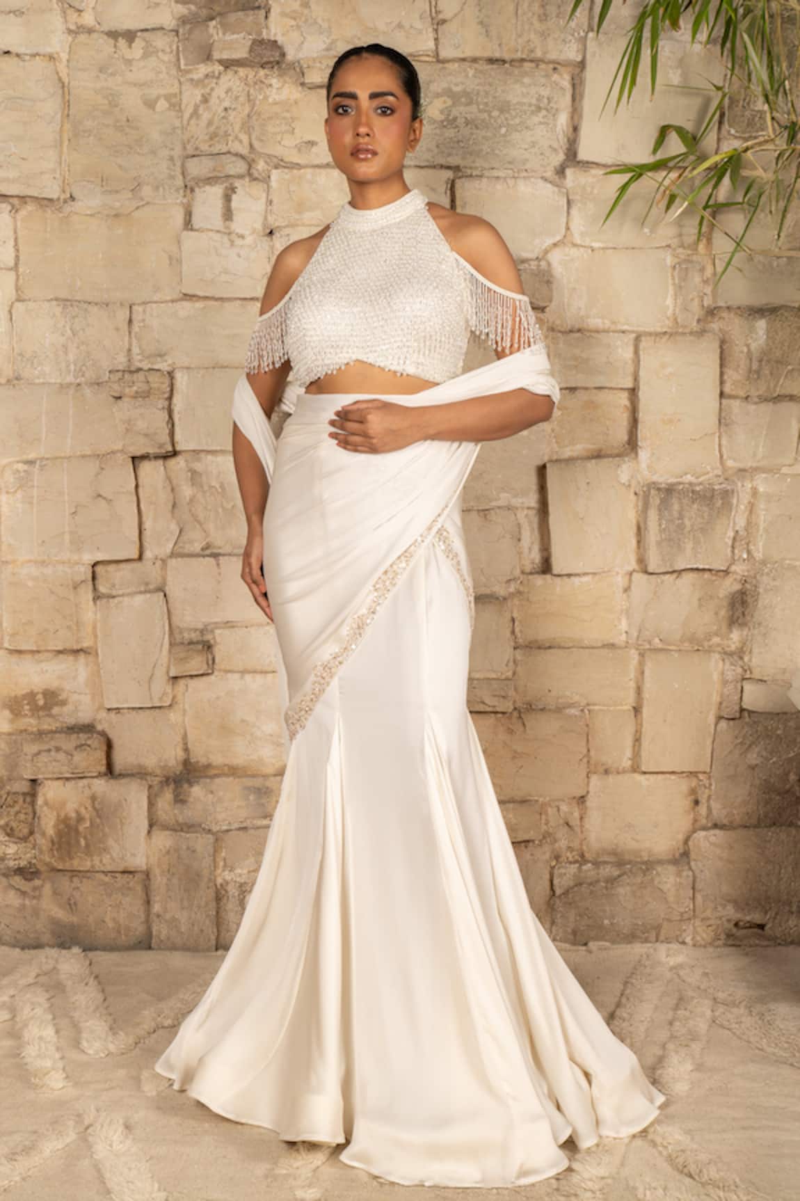 J By Jannat Ivory Pre-Draped Saree & Blouse Set 
