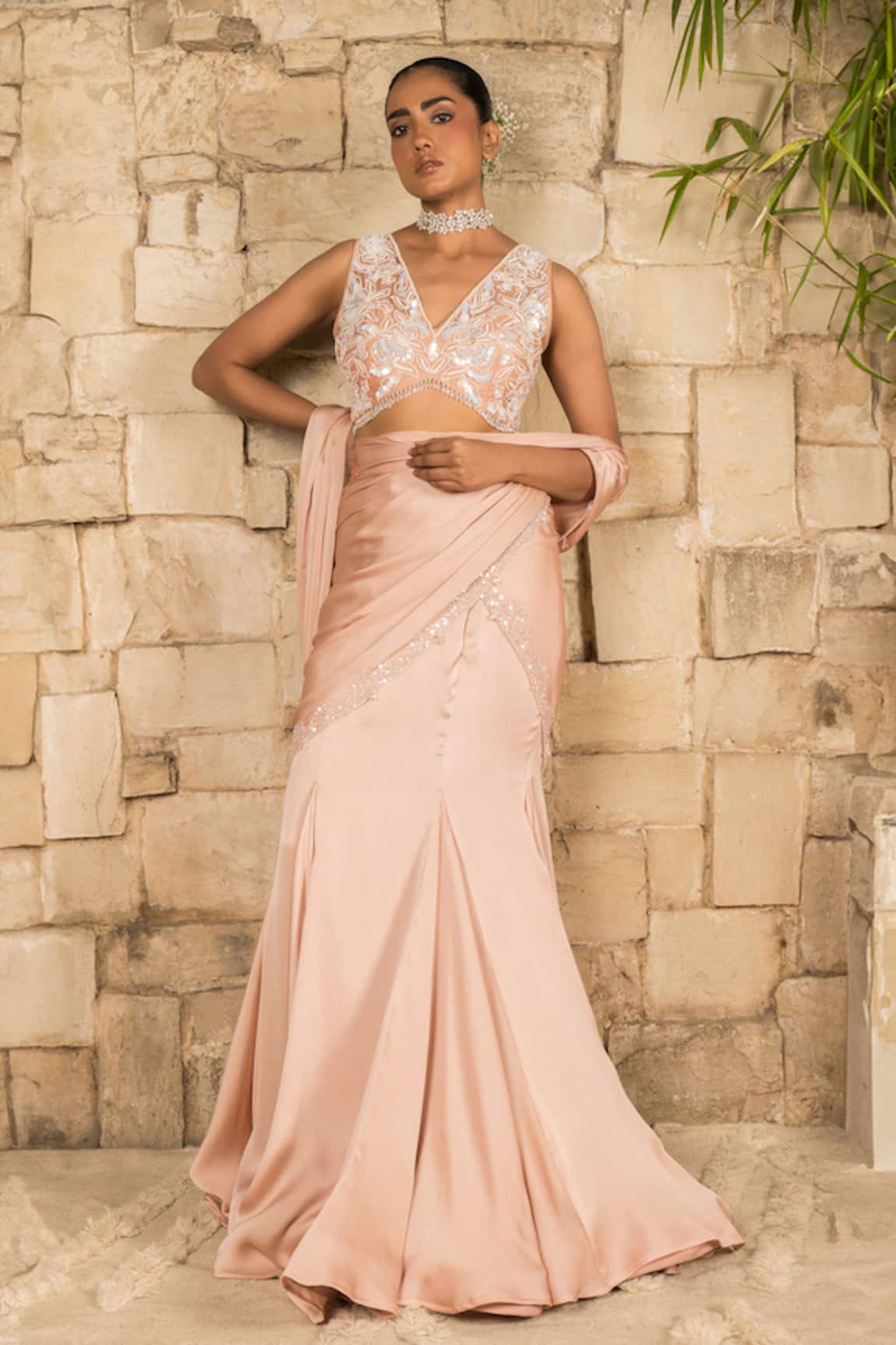 J By Jannat Powder Peach Pre-Draped Saree & Blouse Set 