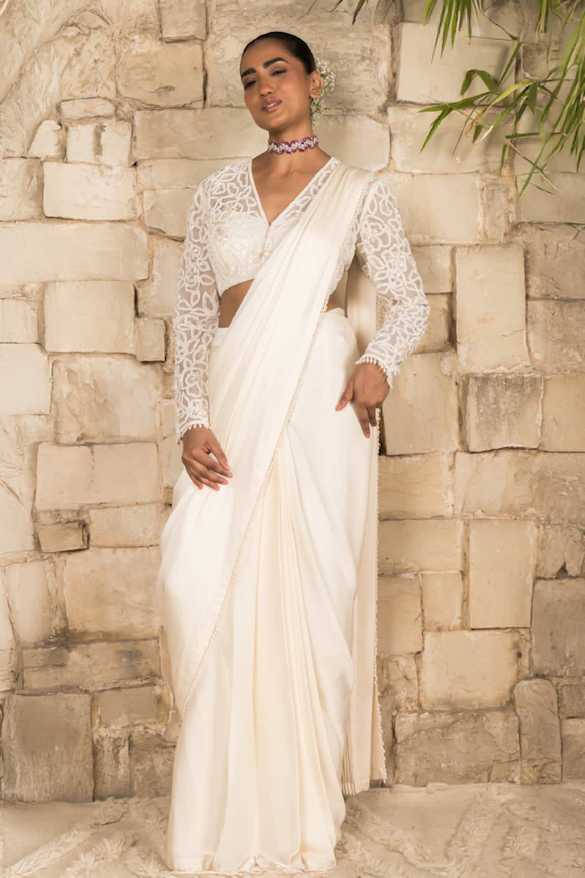 J By Jannat Ivory Pre-Stitched Saree & Blouse Set 