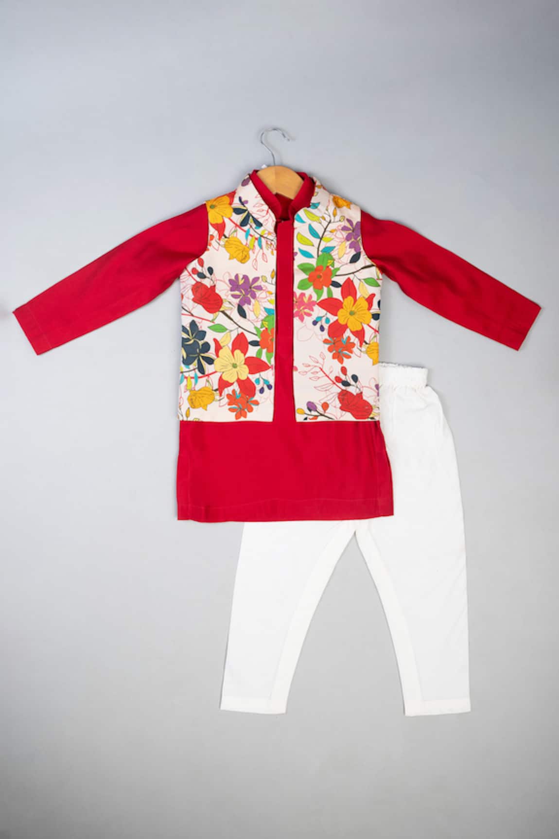 Lil Angels Floral Nehru Jacket & Red Kurta Set 