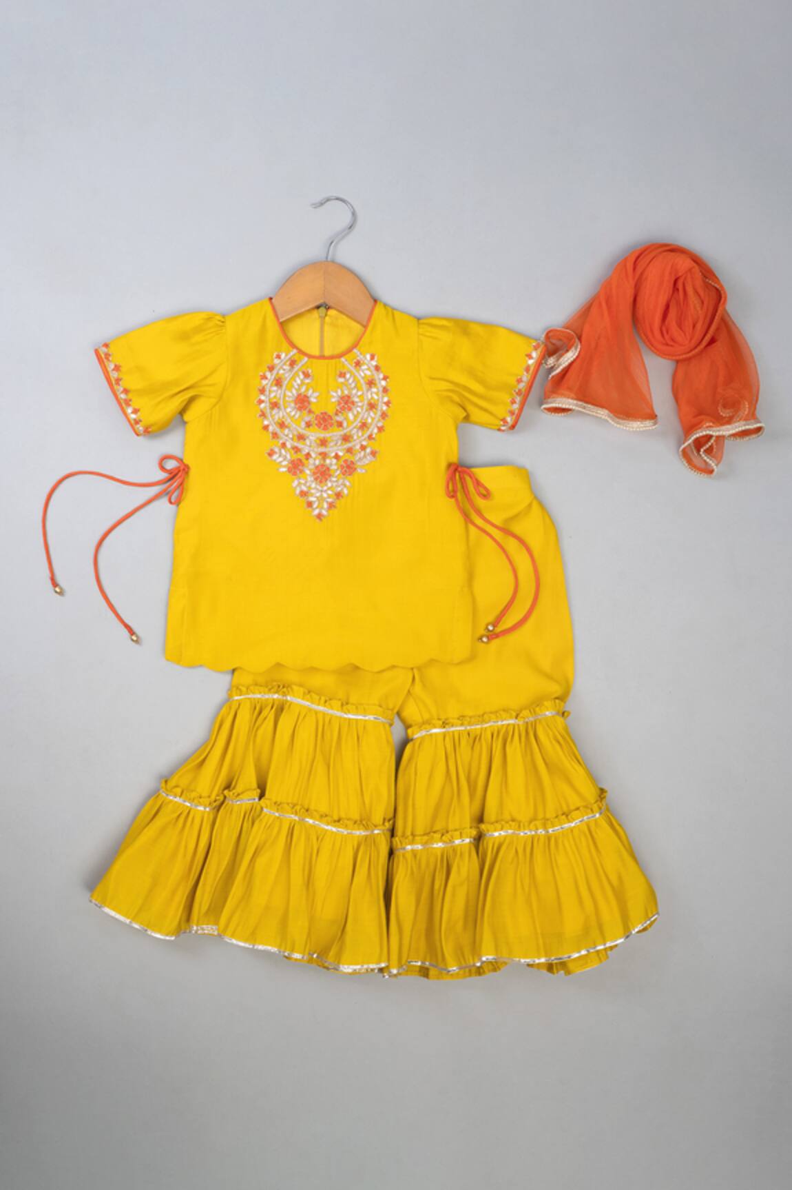 Lil Angels Mustard Knot Embroidered Sharara Set 