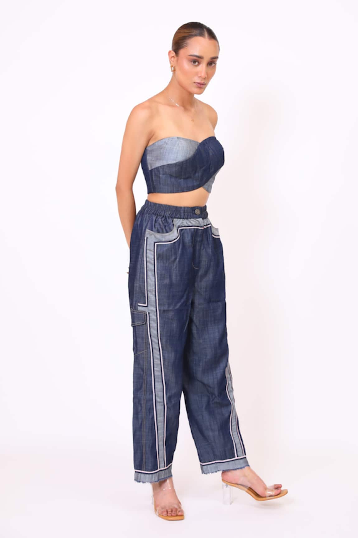 Baani Khurana Navy Blue Denim Crop Top & Pant Set 